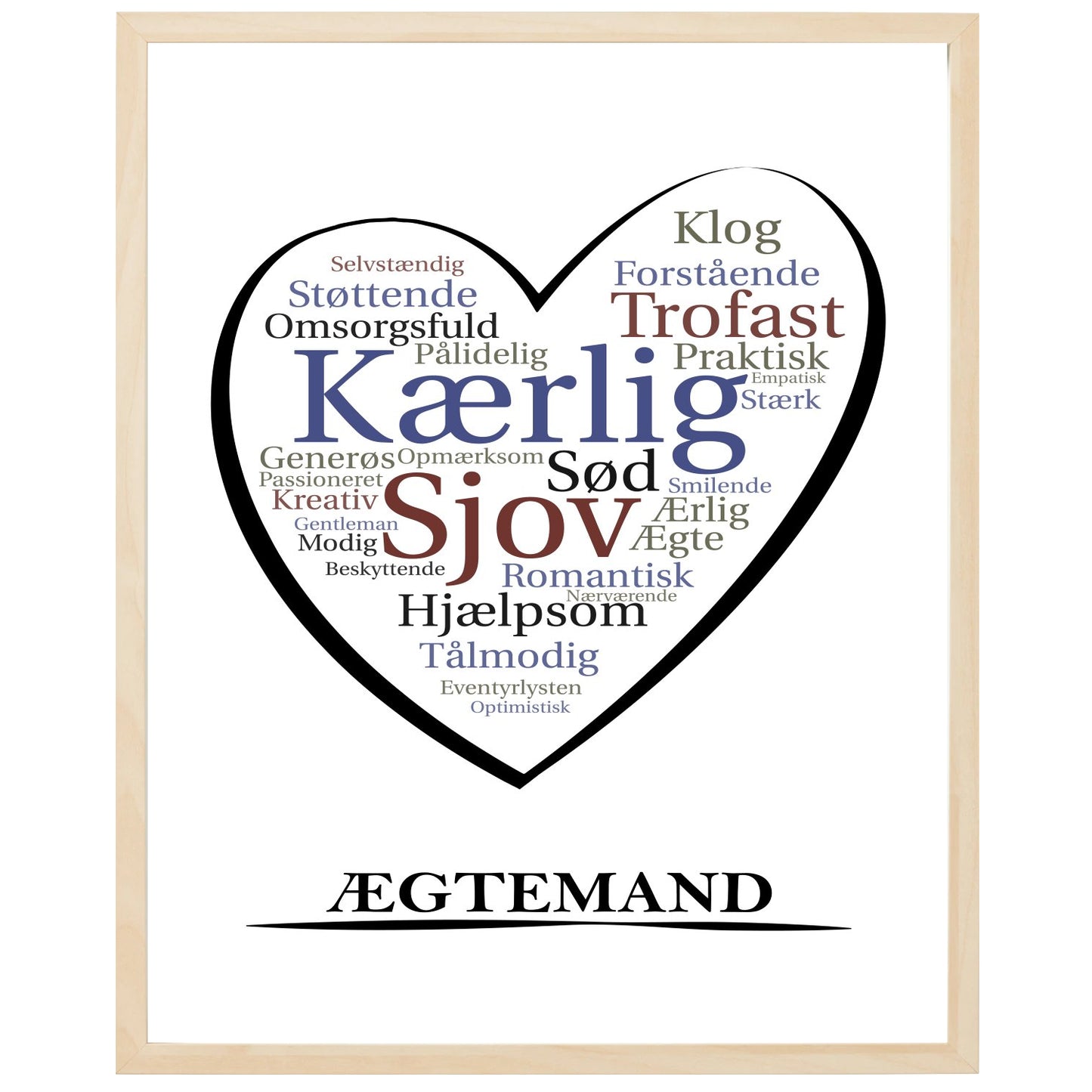 En plakat med overskriften Ægtemand, et hjerte og indeni hjertet mange positive ord som beskriver en Ægtemand