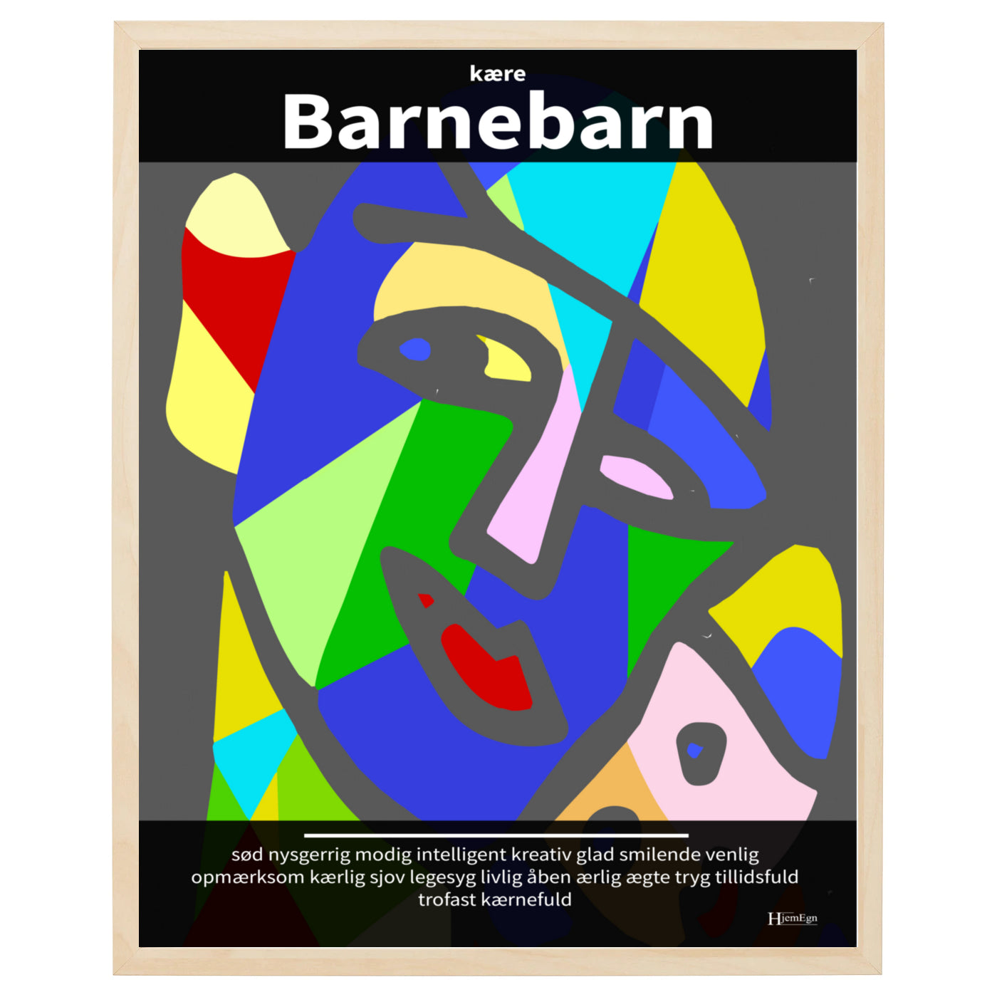 barnebarn plakat i farver, gengivende en dagplejer i abstrakt og moderne udtryk og med opmuntrende citater og ord om en barnebarn