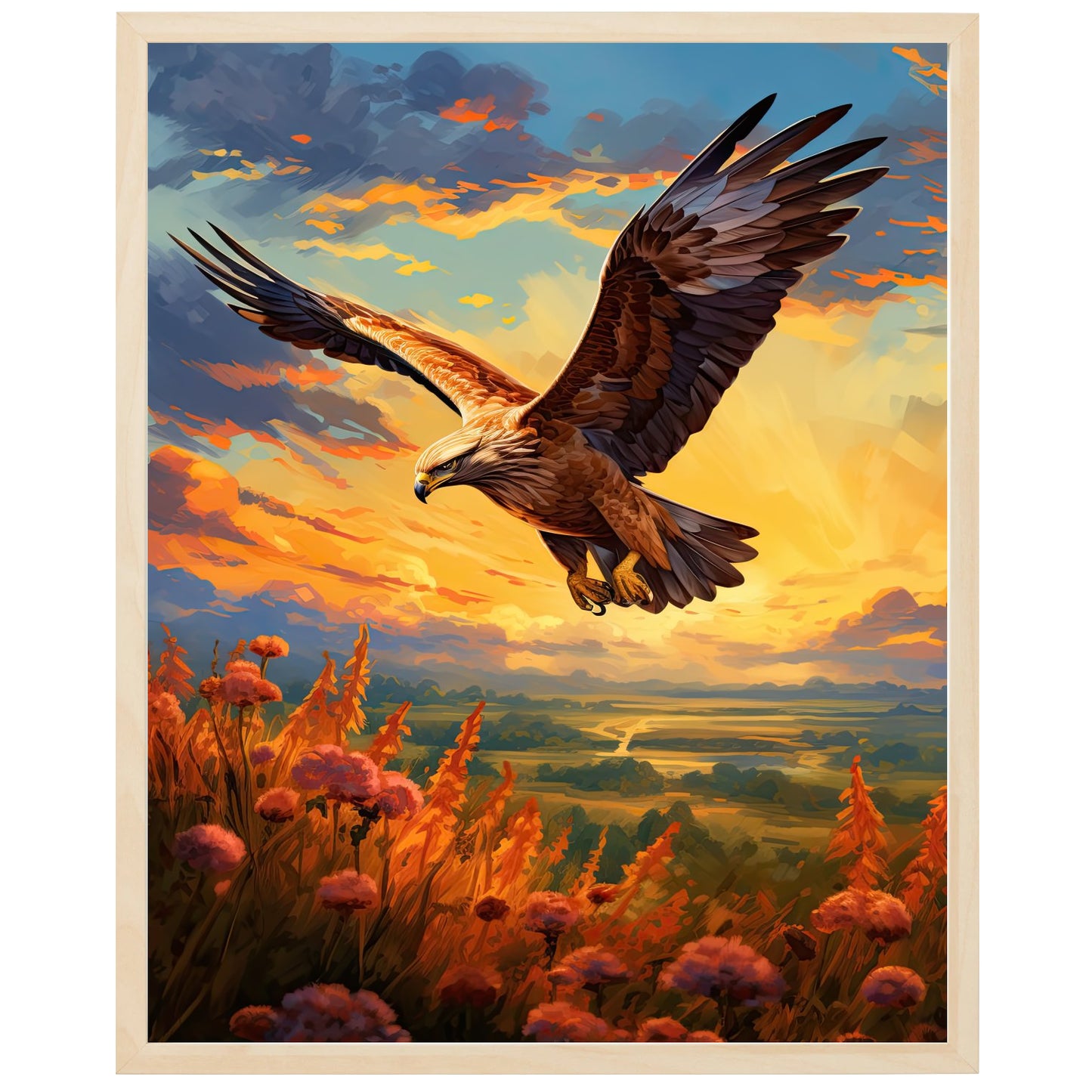 På billede ser vi en Blå Kærhøg, der står på en sivbedækket mark omgivet af en smuk solnedgang med gyldne og orange farver. Kærhøgen virker rolig og afslappet, og billedet formidler en følelse af ro og fred i naturen.