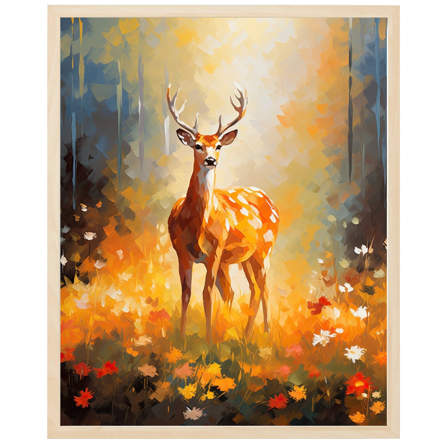 På dette billed ses en smuk, solbeskinnet skov, hvor et majestætisk dådyr står og græsser. Dådyret er omgivet af blomster og træer, og i baggrunden ses en glitrende flod. Billedet indfanger øjeblikket, hvor naturens skønhed og dyrets ynde forenes og skaber en følelse af ro og harmoni. Man bliver grebet af naturens magi og dyrets fascinerende tilstedeværelse.