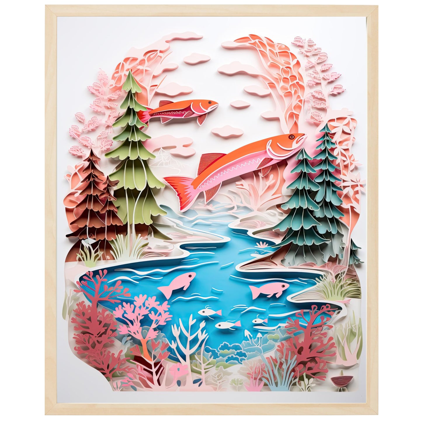 Billede af en bæk med strømmende vand og en hoppende ørred i sollys. Energisk og livligt landskab.