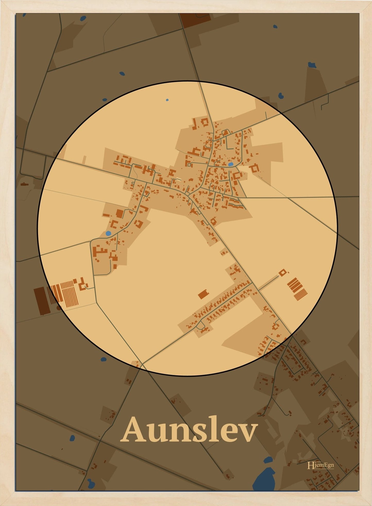 Aunslev plakat i farve pastel brun og HjemEgn.dk design centrum. Design bykort for Aunslev