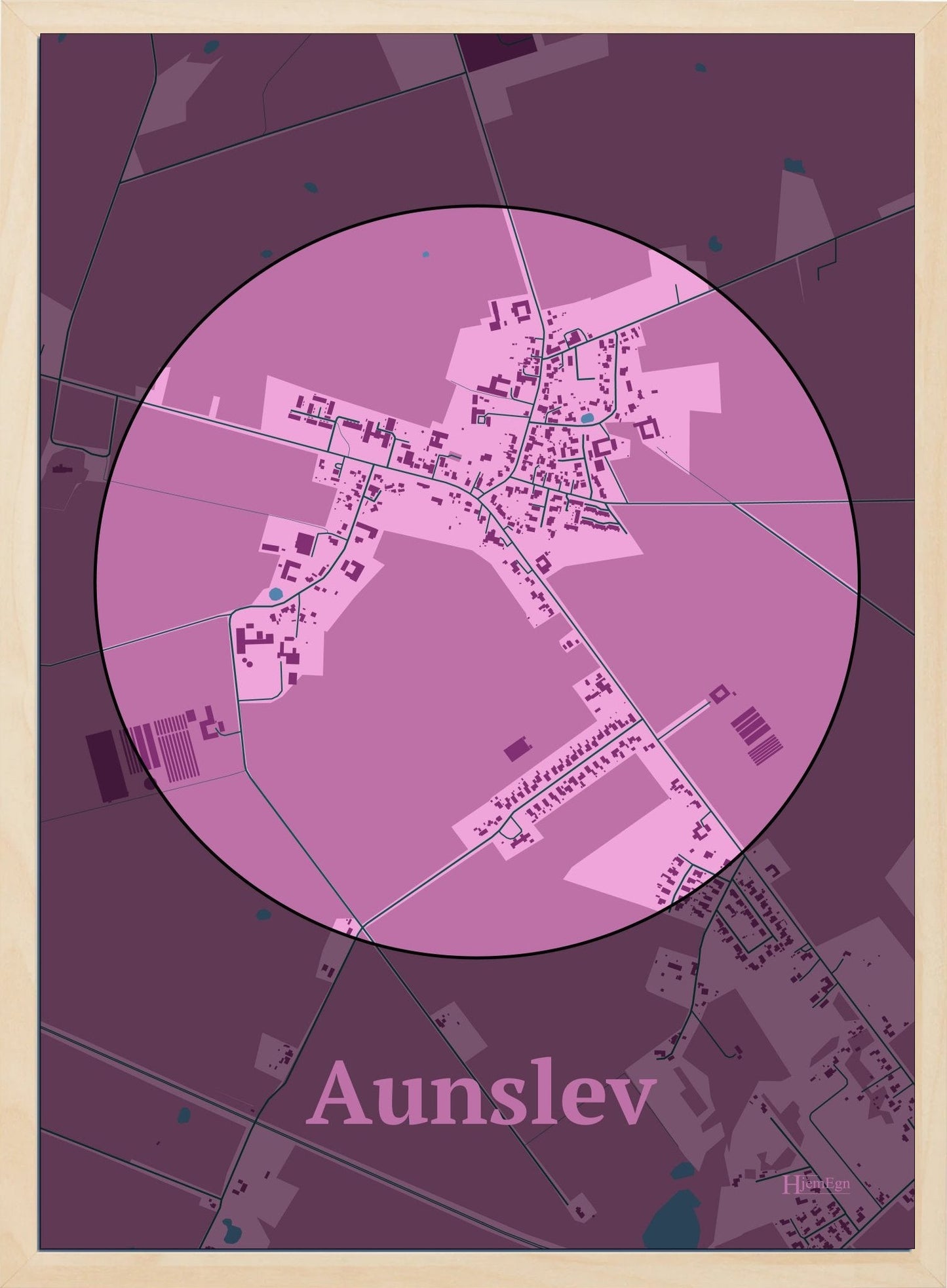 Aunslev plakat i farve pastel rød og HjemEgn.dk design centrum. Design bykort for Aunslev
