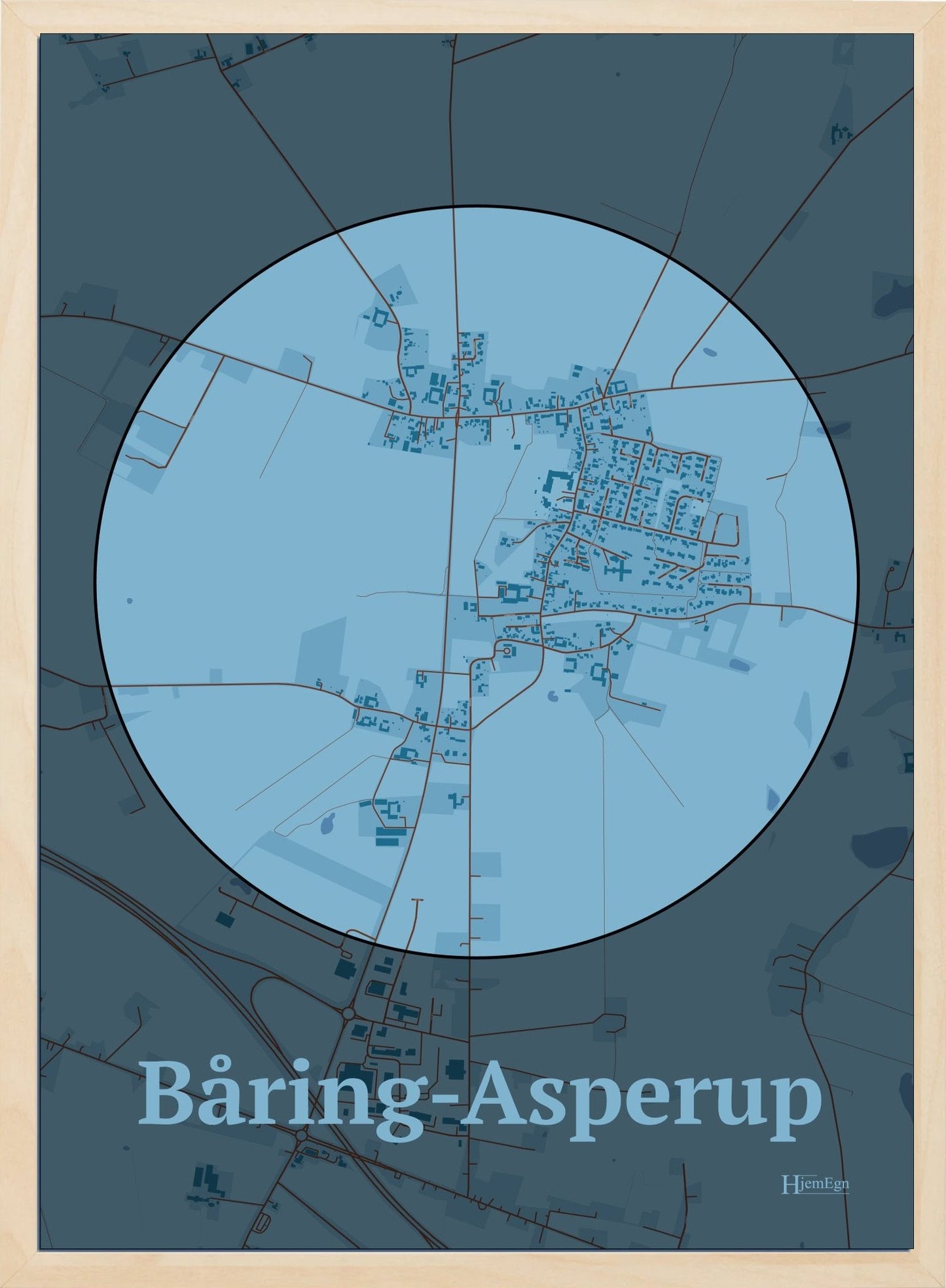 Båring-asperuphjem plakat i farve pastel blå og HjemEgn.dk design firkantet. Design bykort for Båring-asperuphjem
