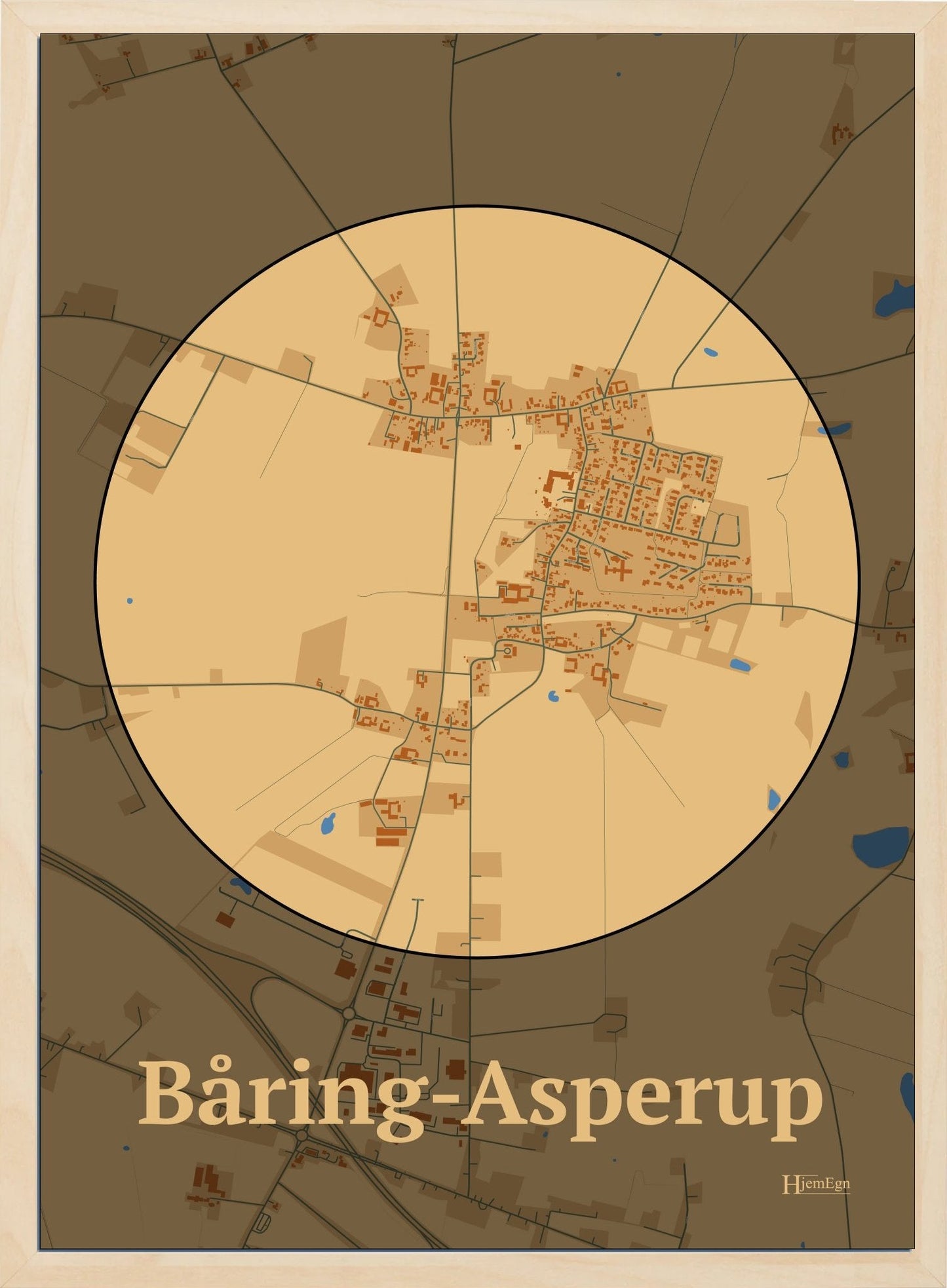 Båring-asperuphjem plakat i farve pastel brun og HjemEgn.dk design firkantet. Design bykort for Båring-asperuphjem