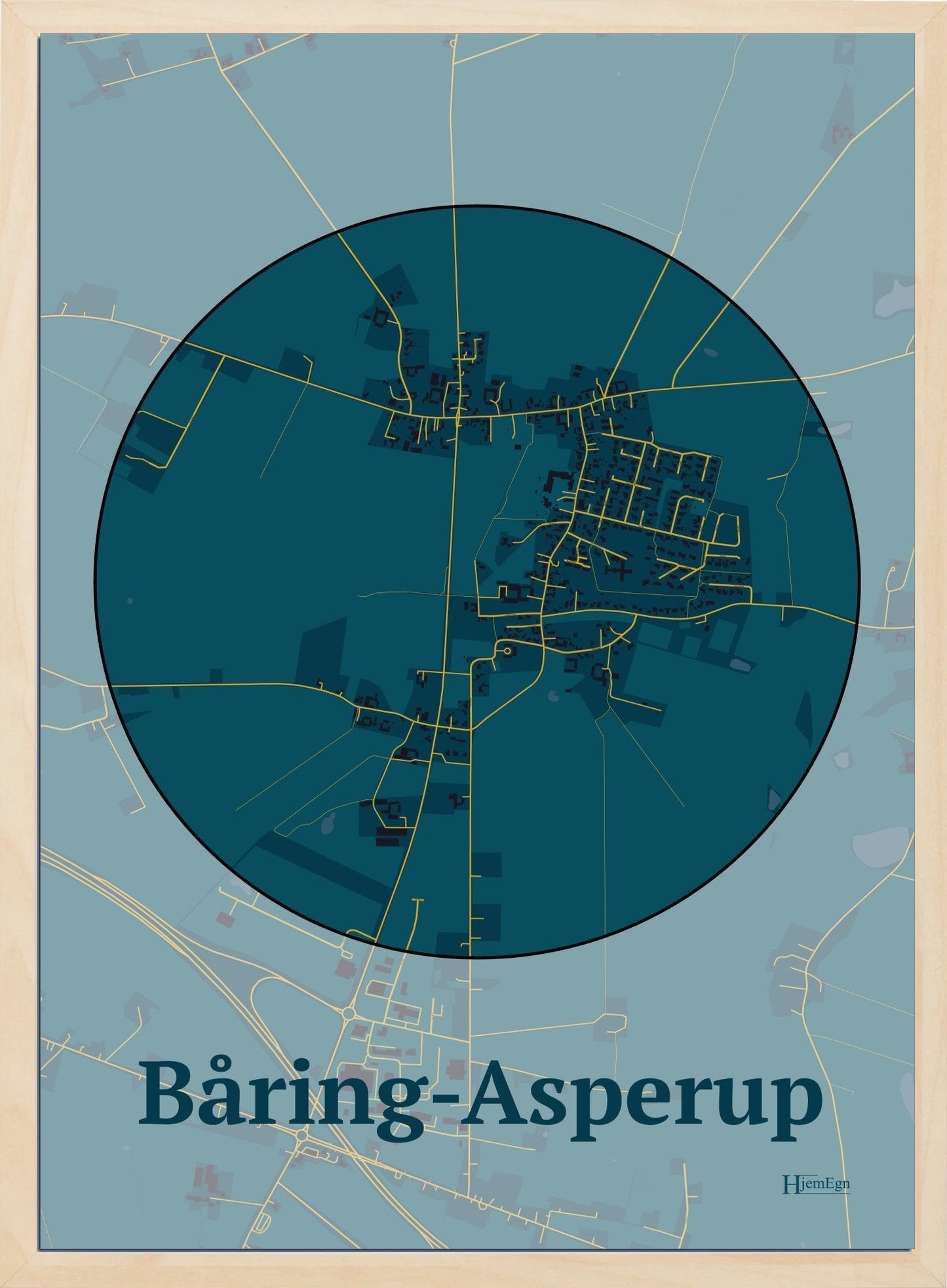 Båring-asperuphjem plakat i farve mørk blå og HjemEgn.dk design firkantet. Design bykort for Båring-asperuphjem