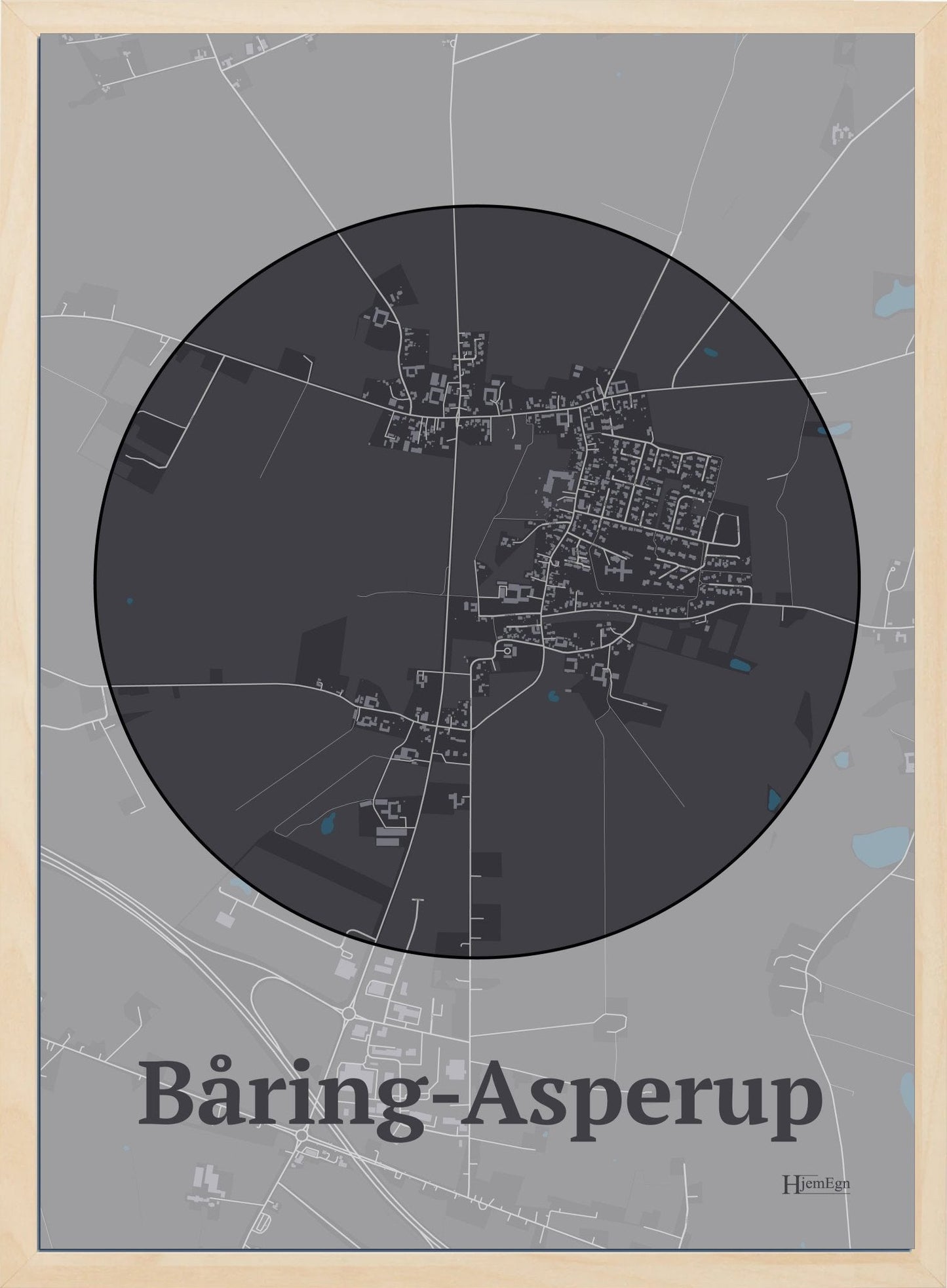 Båring-asperuphjem plakat i farve mørk brun og HjemEgn.dk design firkantet. Design bykort for Båring-asperuphjem