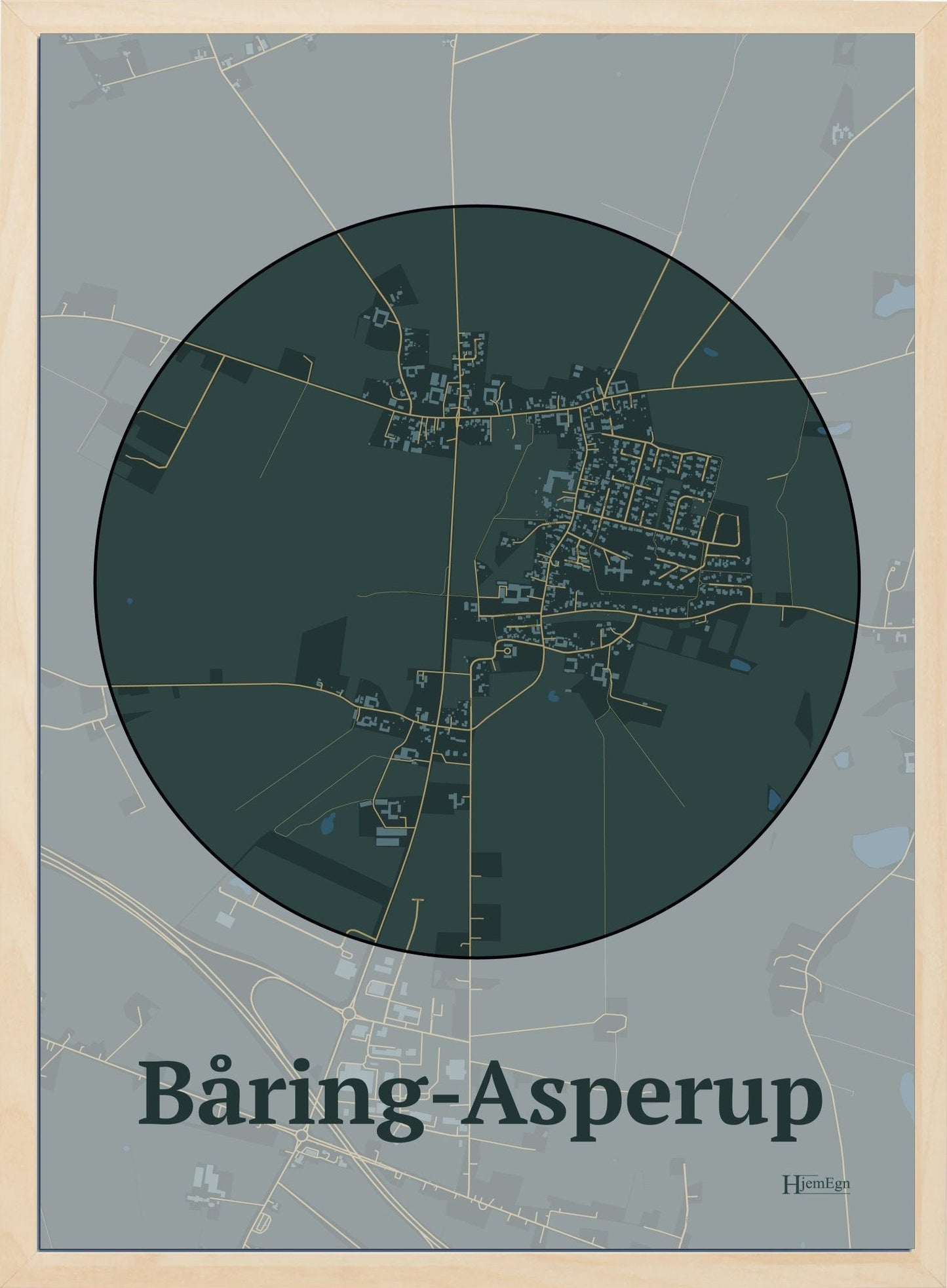 Båring-asperuphjem plakat i farve mørk grøn og HjemEgn.dk design firkantet. Design bykort for Båring-asperuphjem