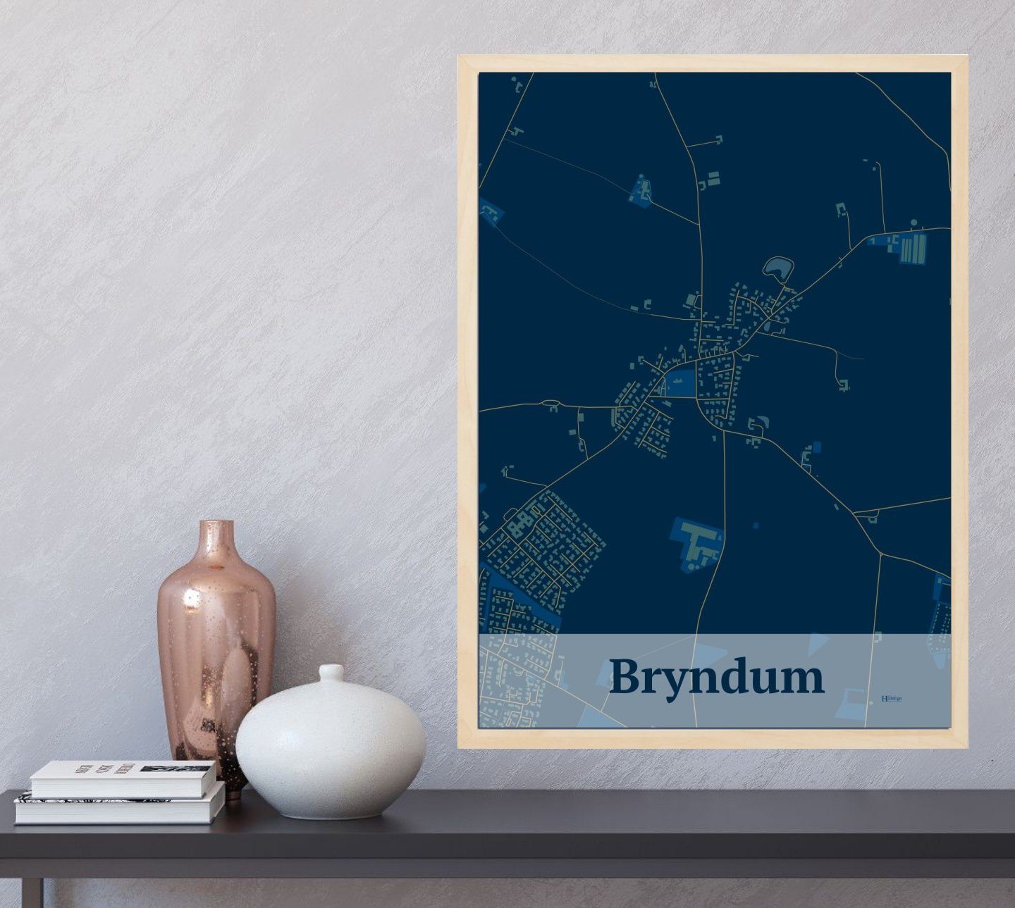 Bryndum plakat i farve og HjemEgn.dk design firkantet. Design bykort for Bryndum