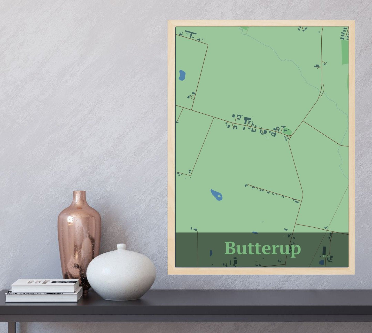 Butterup plakat i farve og HjemEgn.dk design firkantet. Design bykort for Butterup