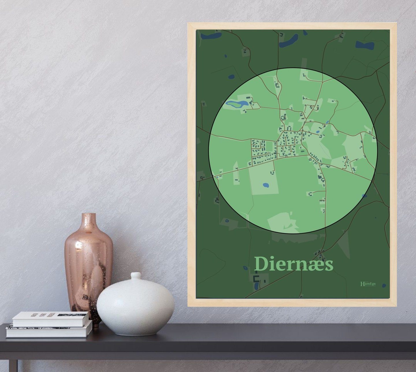 Diernæs plakat i farve og HjemEgn.dk design centrum. Design bykort for Diernæs