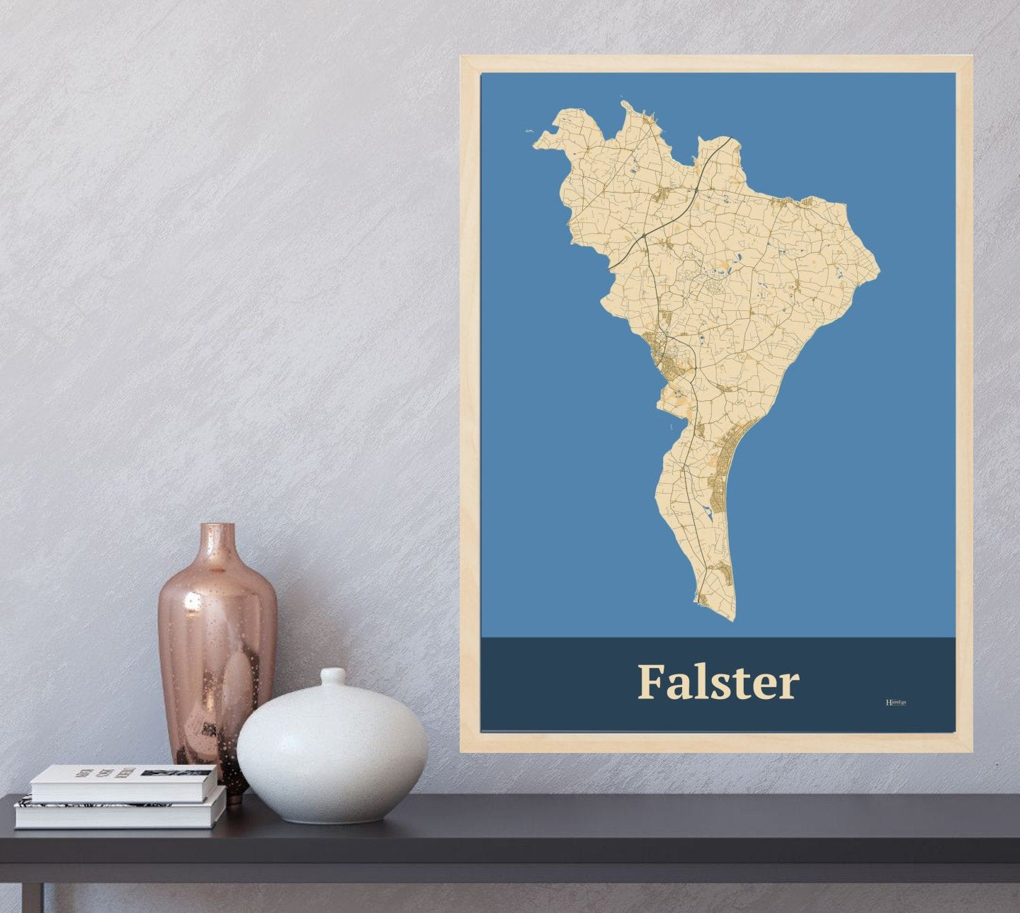 Falster plakat i farve og HjemEgn.dk design firkantet. Design ø-kort for Falster