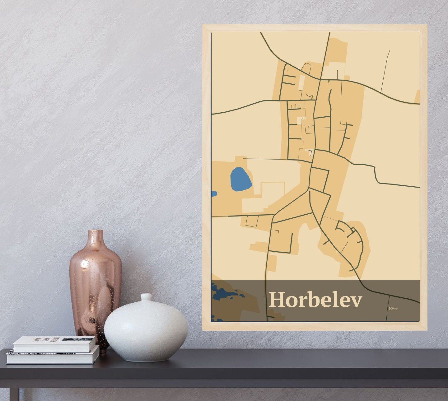 Horbelev plakat i farve og HjemEgn.dk design firkantet. Design bykort for Horbelev