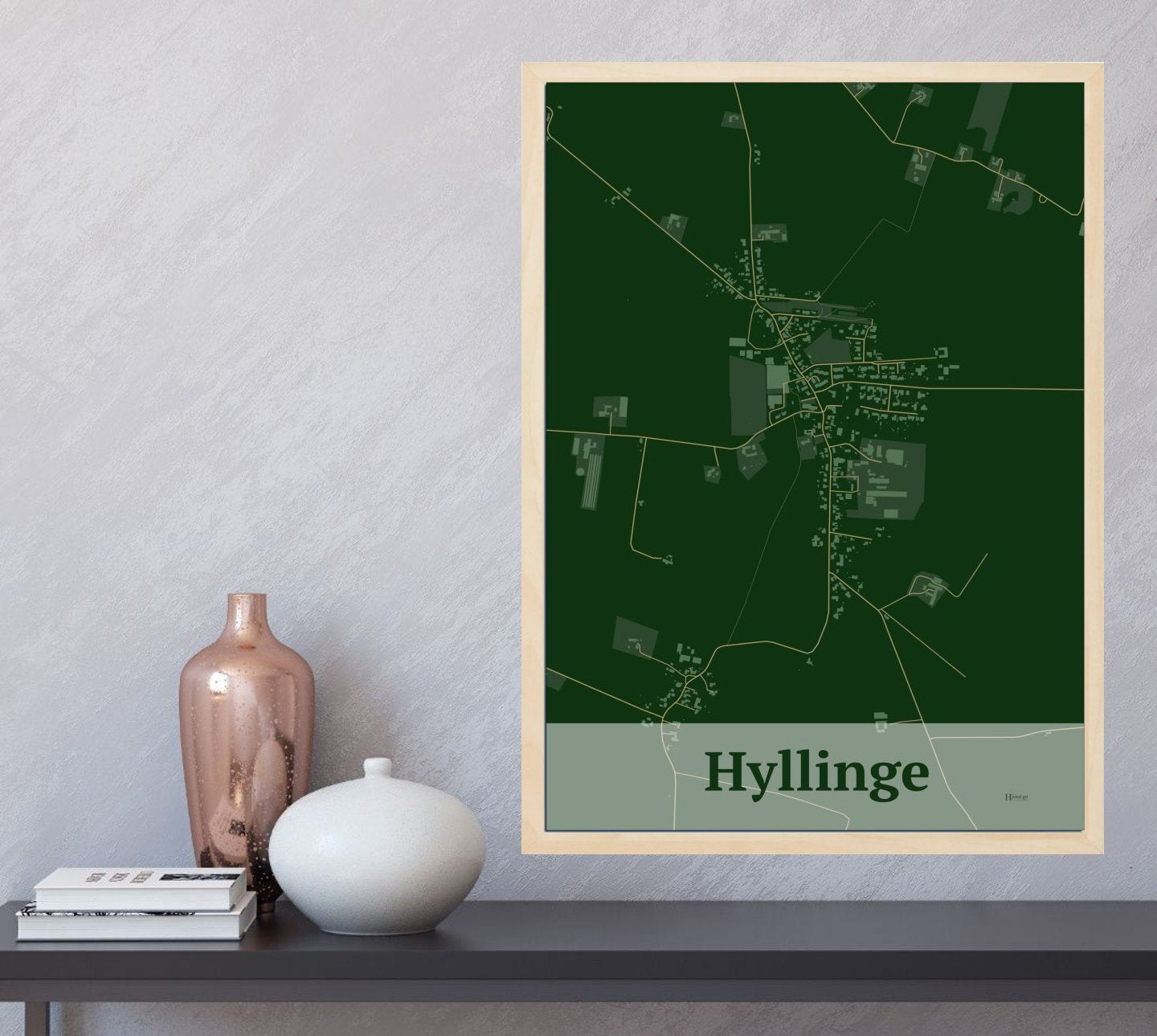 Hyllinge plakat i farve og HjemEgn.dk design firkantet. Design bykort for Hyllinge