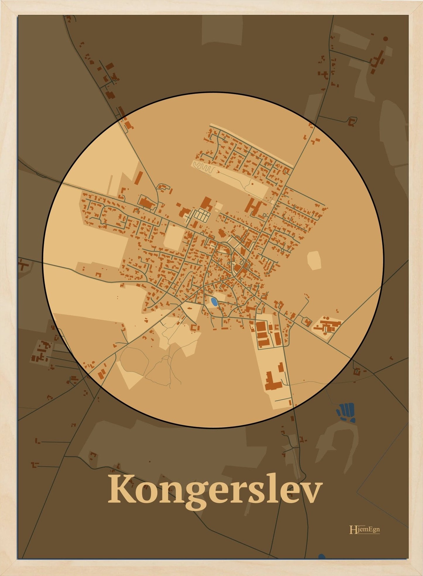 Kongerslev plakat i farve pastel brun og HjemEgn.dk design centrum. Design bykort for Kongerslev