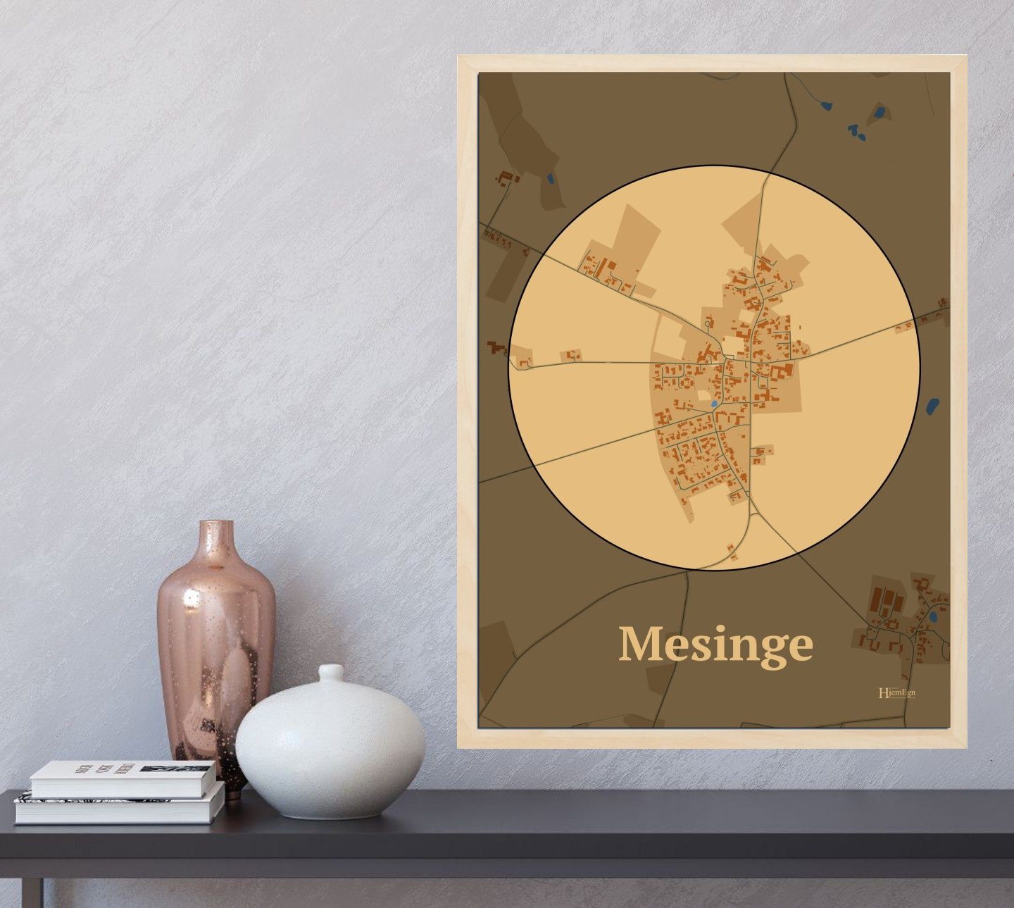 Mesinge plakat i farve og HjemEgn.dk design firkantet. Design bykort for Mesinge