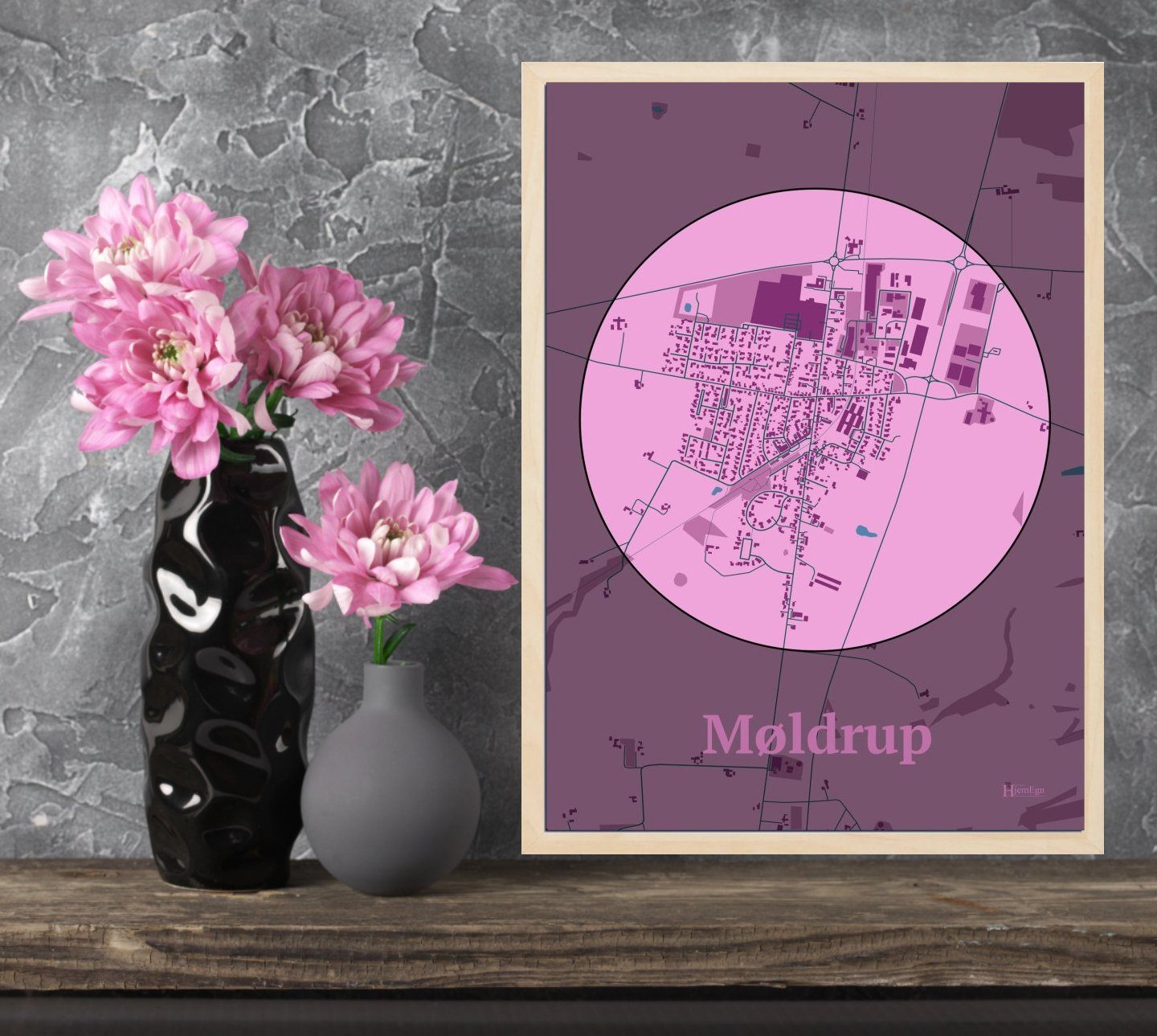 Møldrup plakat i farve og HjemEgn.dk design centrum. Design bykort for Møldrup