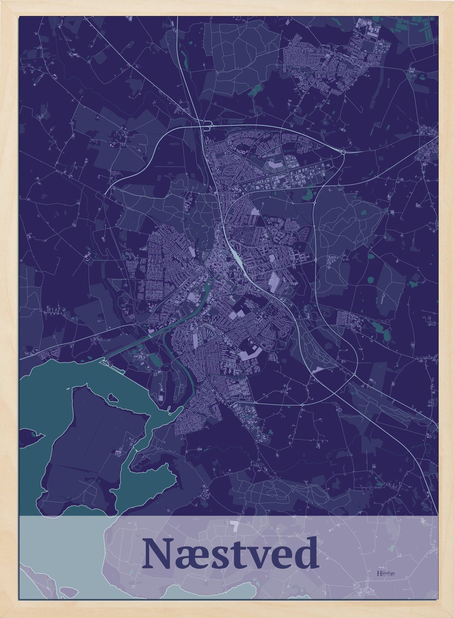Næstved plakat i mørk grå og HjemEgn.dk design firkantet. Design bykort for Næstved