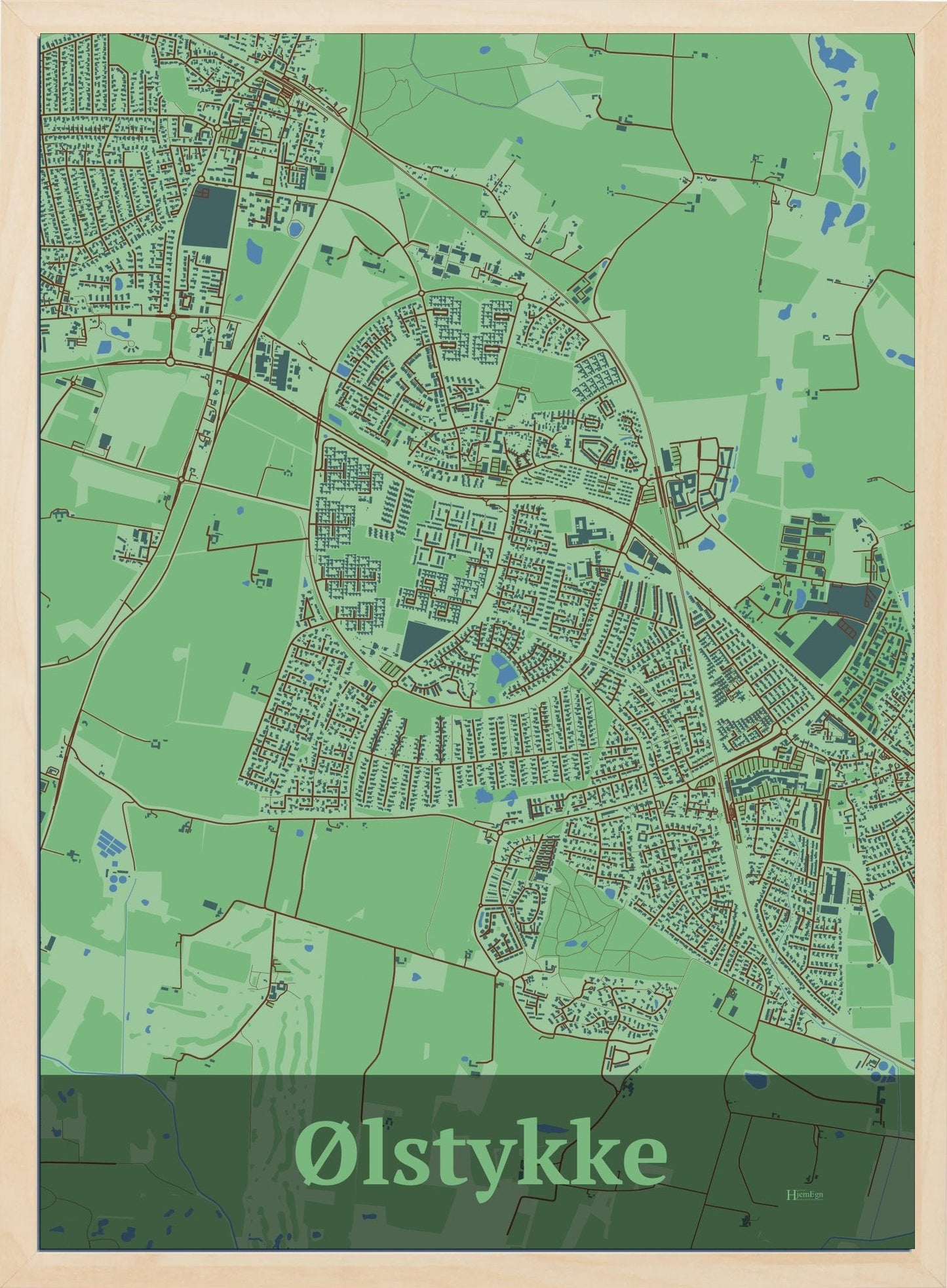 Ølstykke plakat i farve pastel grøn og HjemEgn.dk design firkantet. Design bykort for Ølstykke
