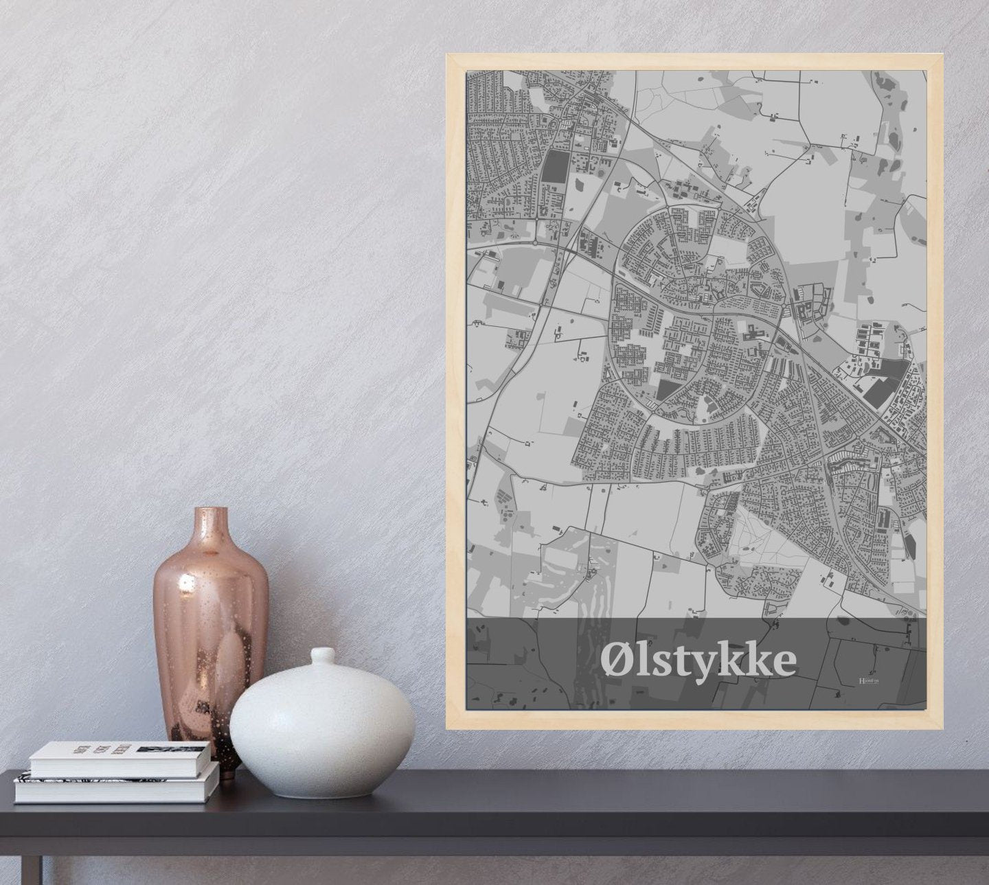 Ølstykke plakat i farve og HjemEgn.dk design firkantet. Design bykort for Ølstykke