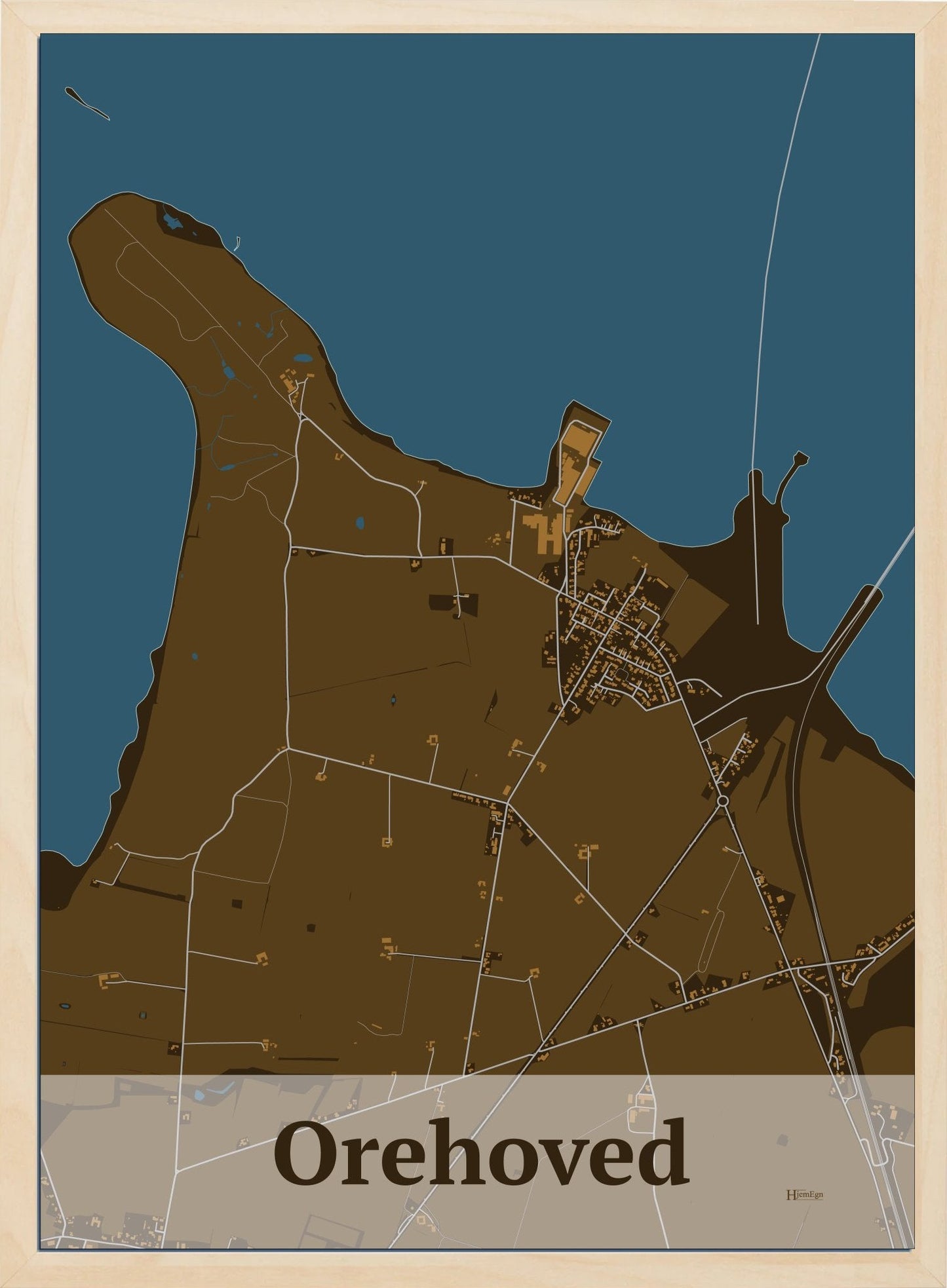 Orehoved plakat i farve mørk brun og HjemEgn.dk design firkantet. Design bykort for Orehoved