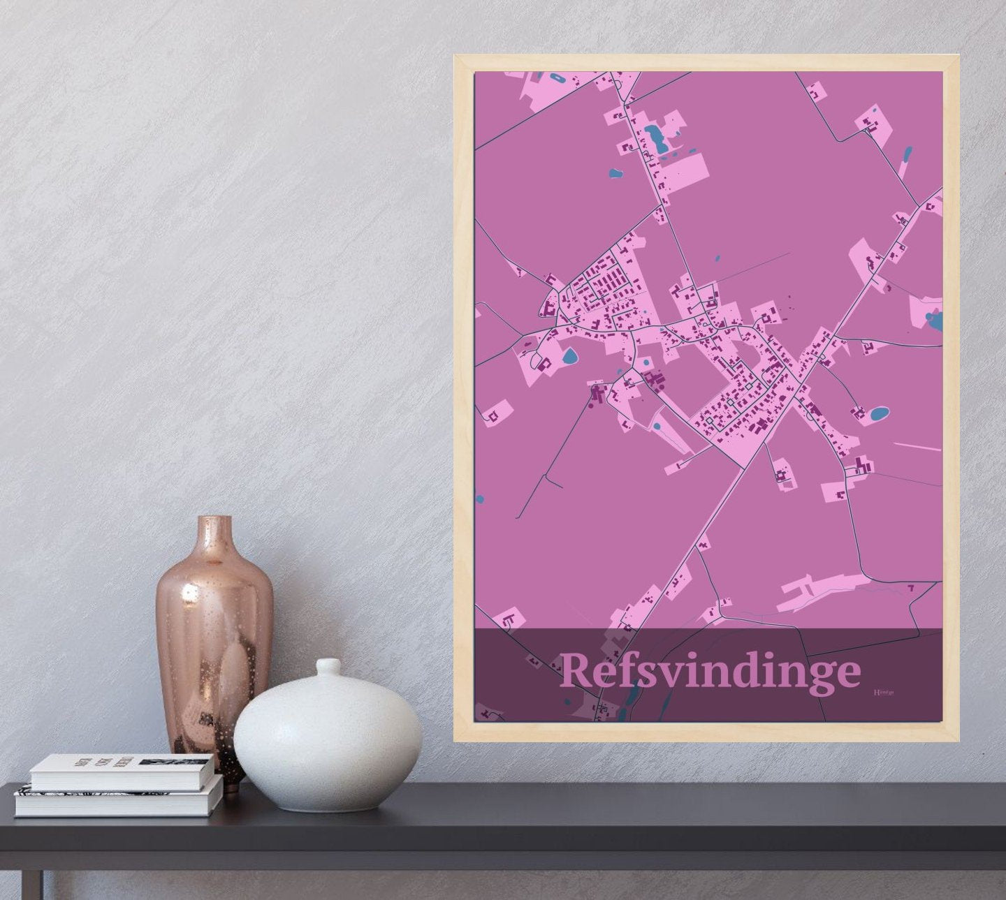 Refsvindinge plakat i farve og HjemEgn.dk design firkantet. Design bykort for Refsvindinge
