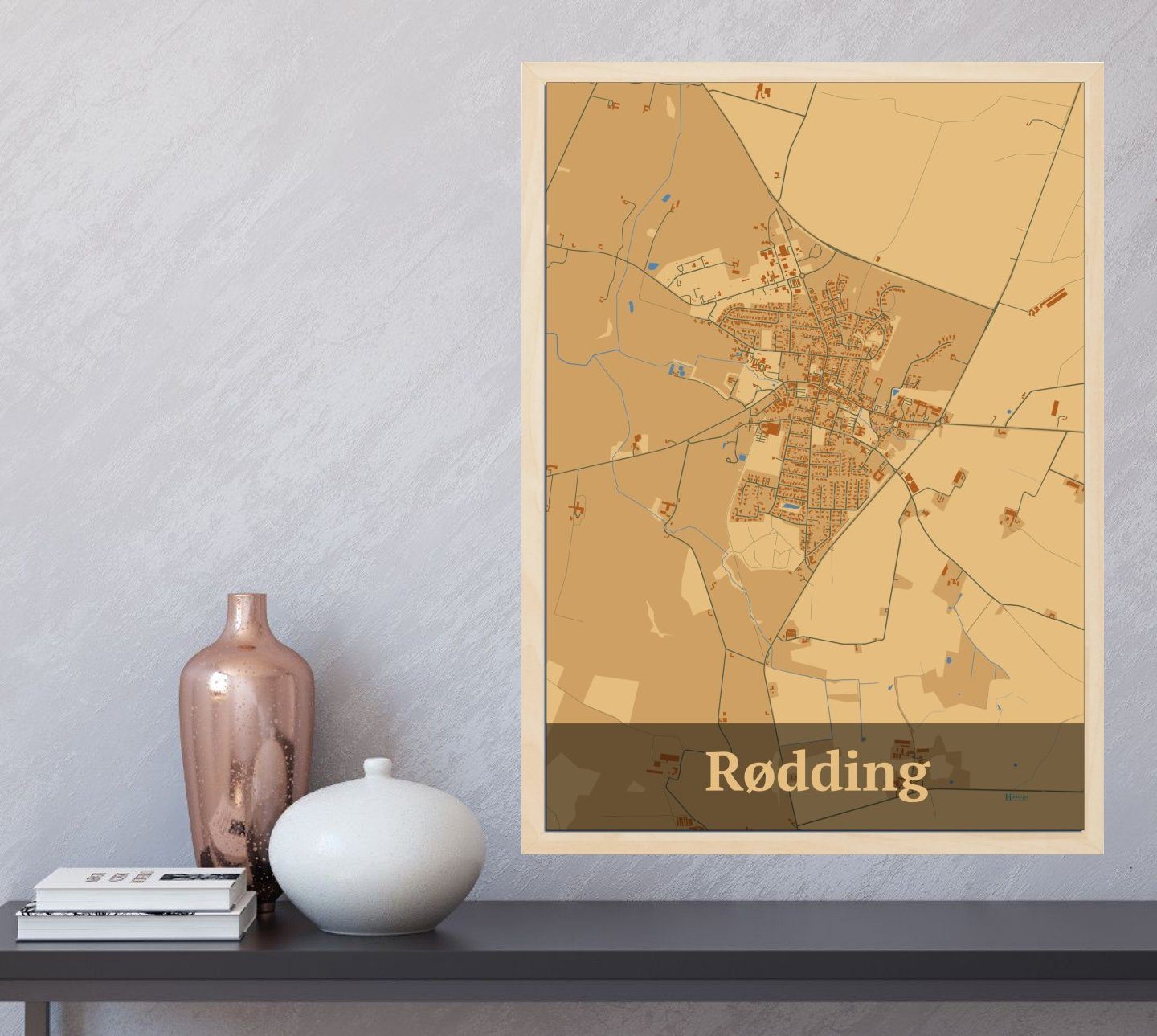 Rødding plakat i farve og HjemEgn.dk design firkantet. Design bykort for Rødding
