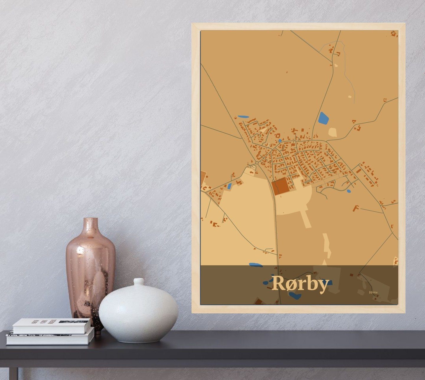 Rørby plakat i farve og HjemEgn.dk design firkantet. Design bykort for Rørby