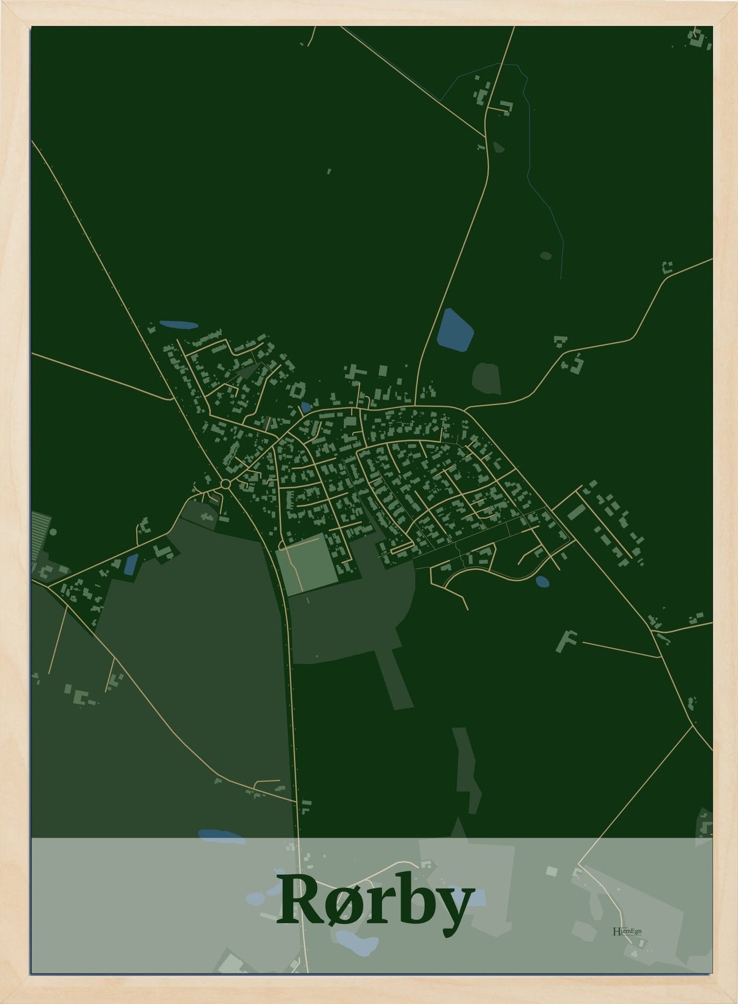 Rørby plakat i farve mørk grøn og HjemEgn.dk design firkantet. Design bykort for Rørby