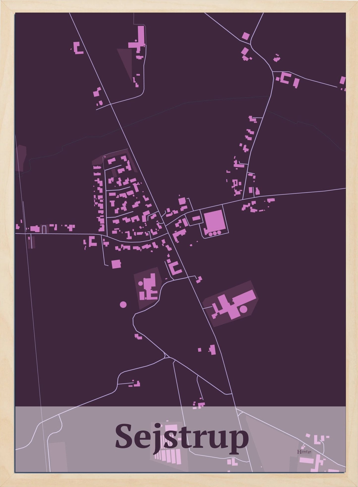 Sejstrup plakat i farve mørk rød og HjemEgn.dk design firkantet. Design bykort for Sejstrup