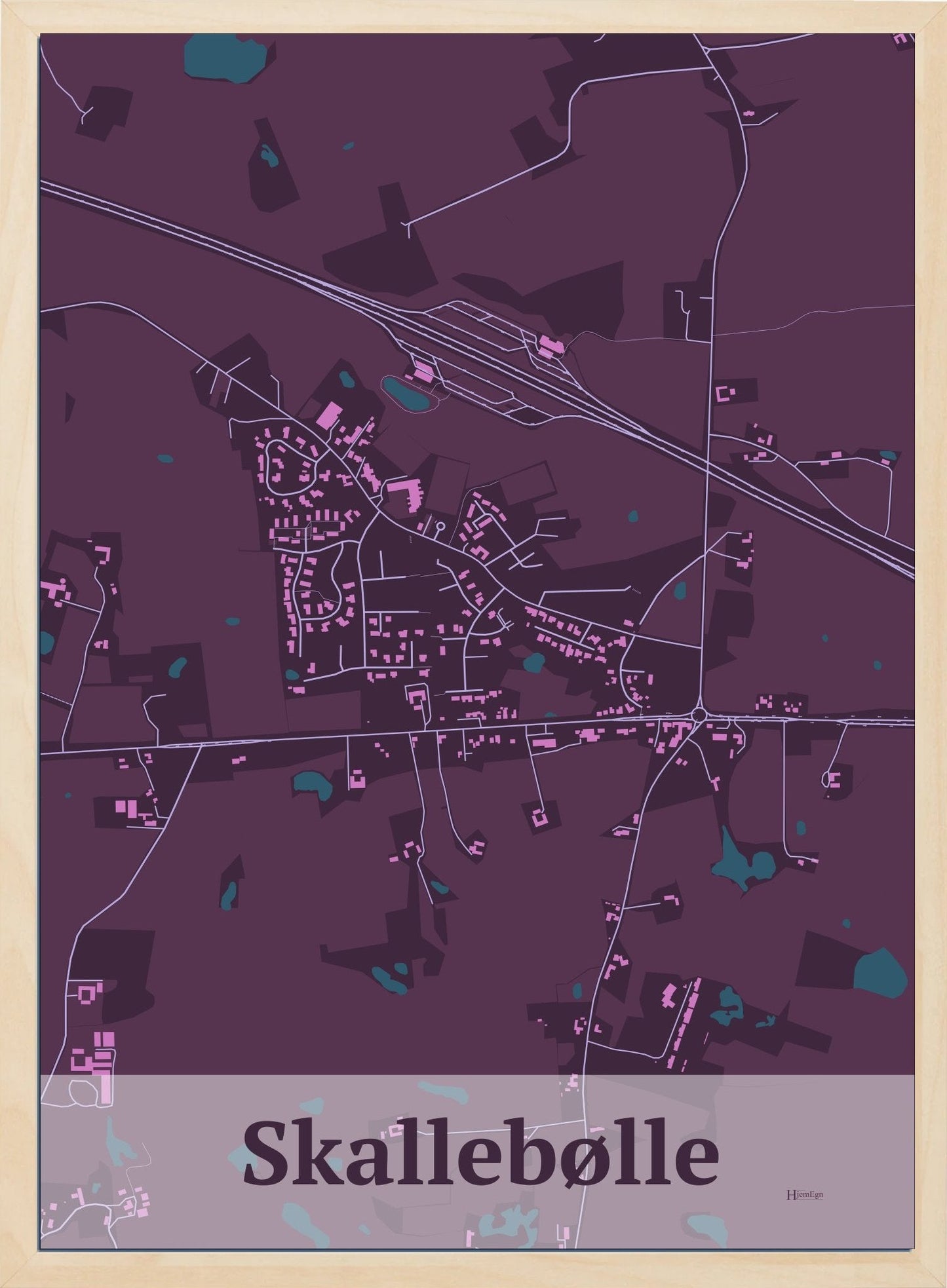 Skallebølle plakat i farve mørk rød og HjemEgn.dk design firkantet. Design bykort for Skallebølle