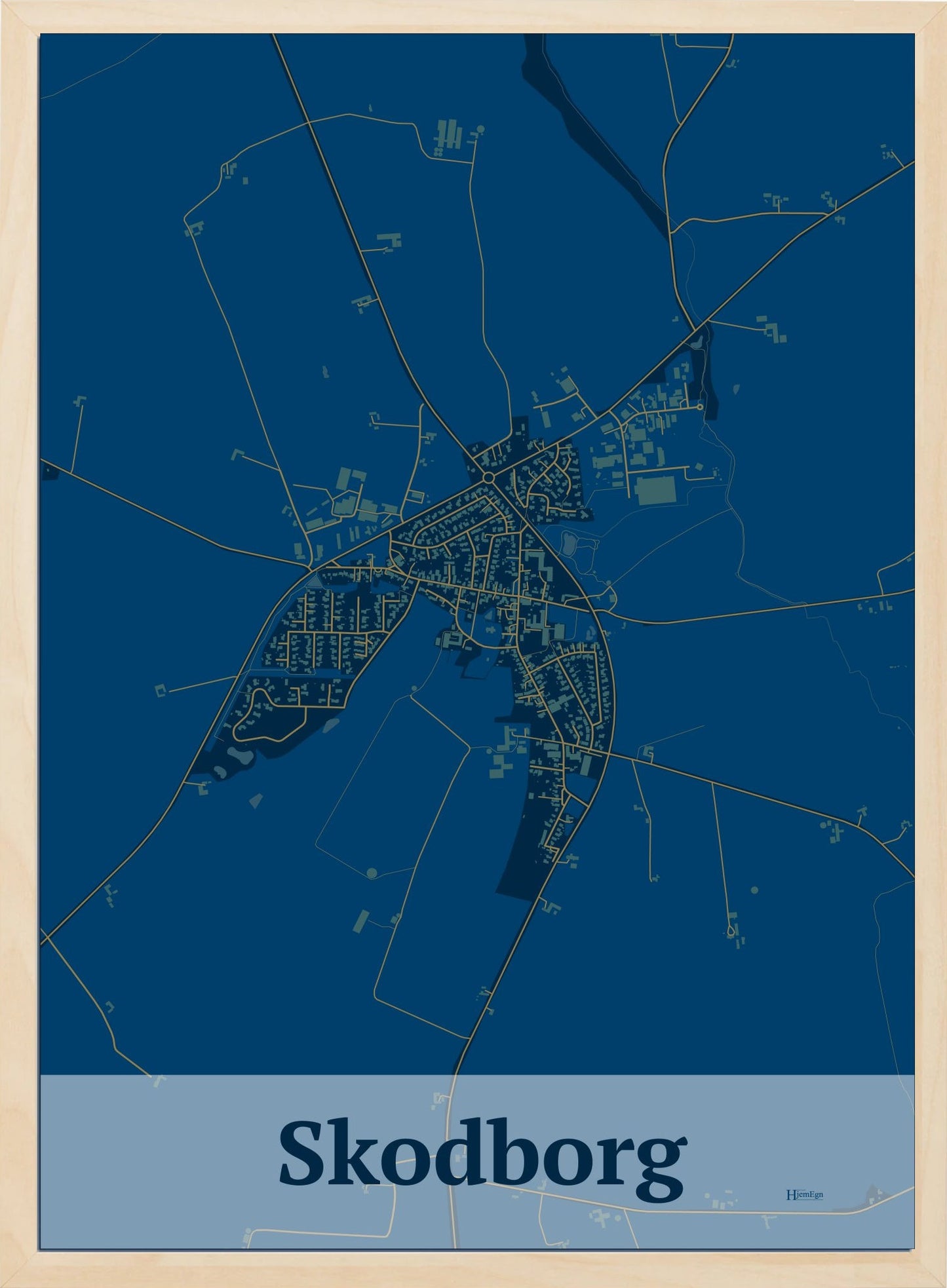 Skodborg plakat i farve mørk blå og HjemEgn.dk design firkantet. Design bykort for Skodborg