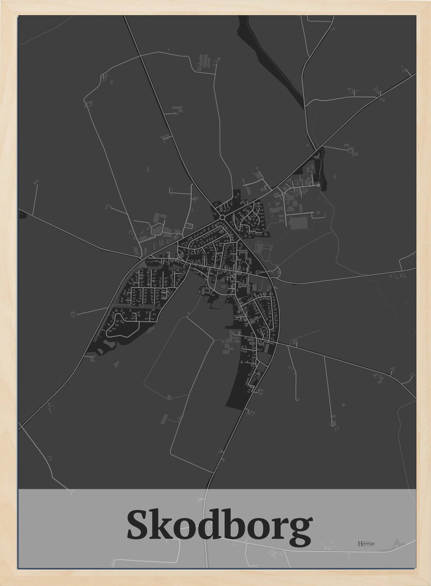 Skodborg plakat i farve mørk grå og HjemEgn.dk design firkantet. Design bykort for Skodborg