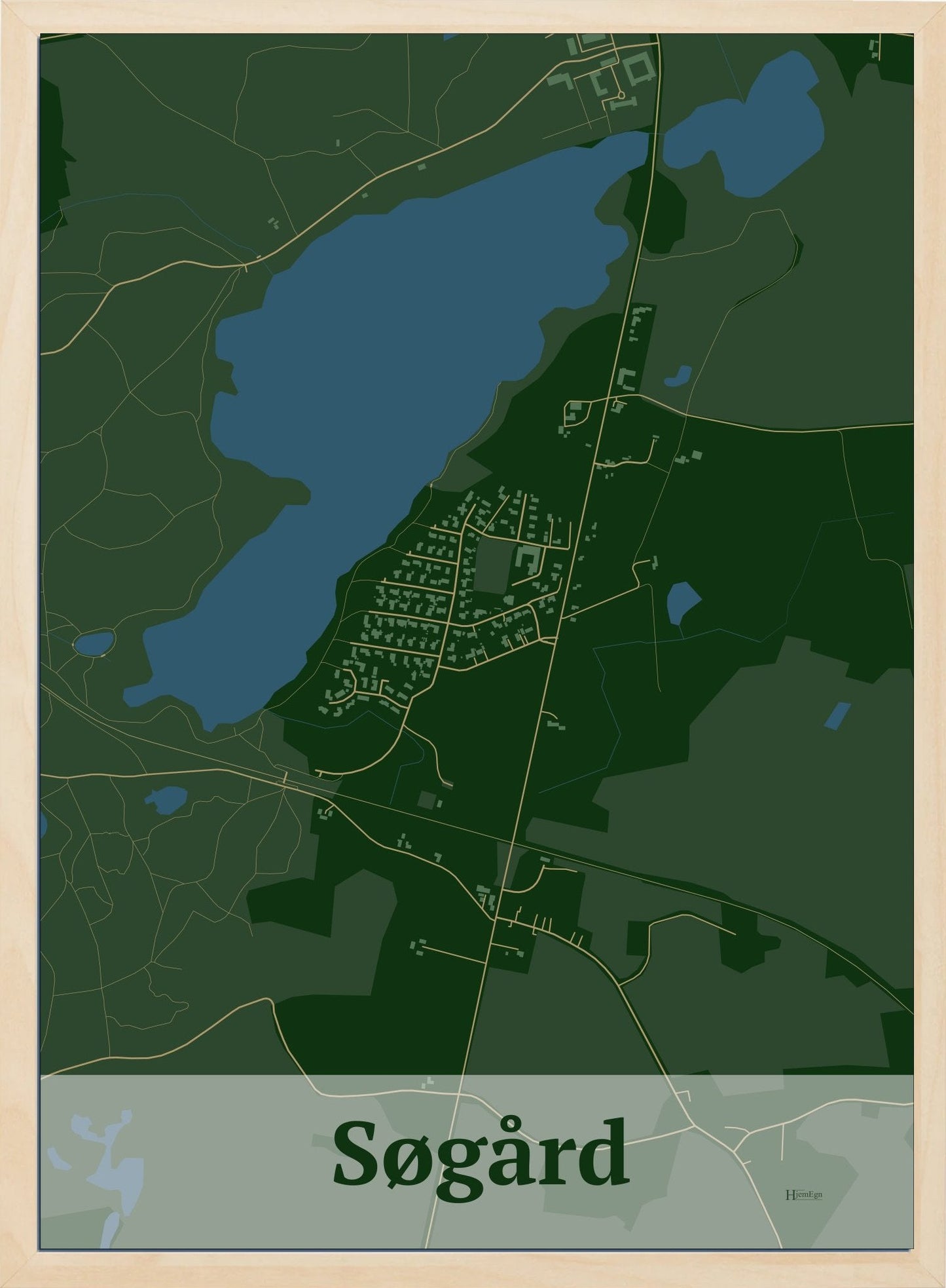 Søgård plakat i farve mørk grøn og HjemEgn.dk design firkantet. Design bykort for Søgård