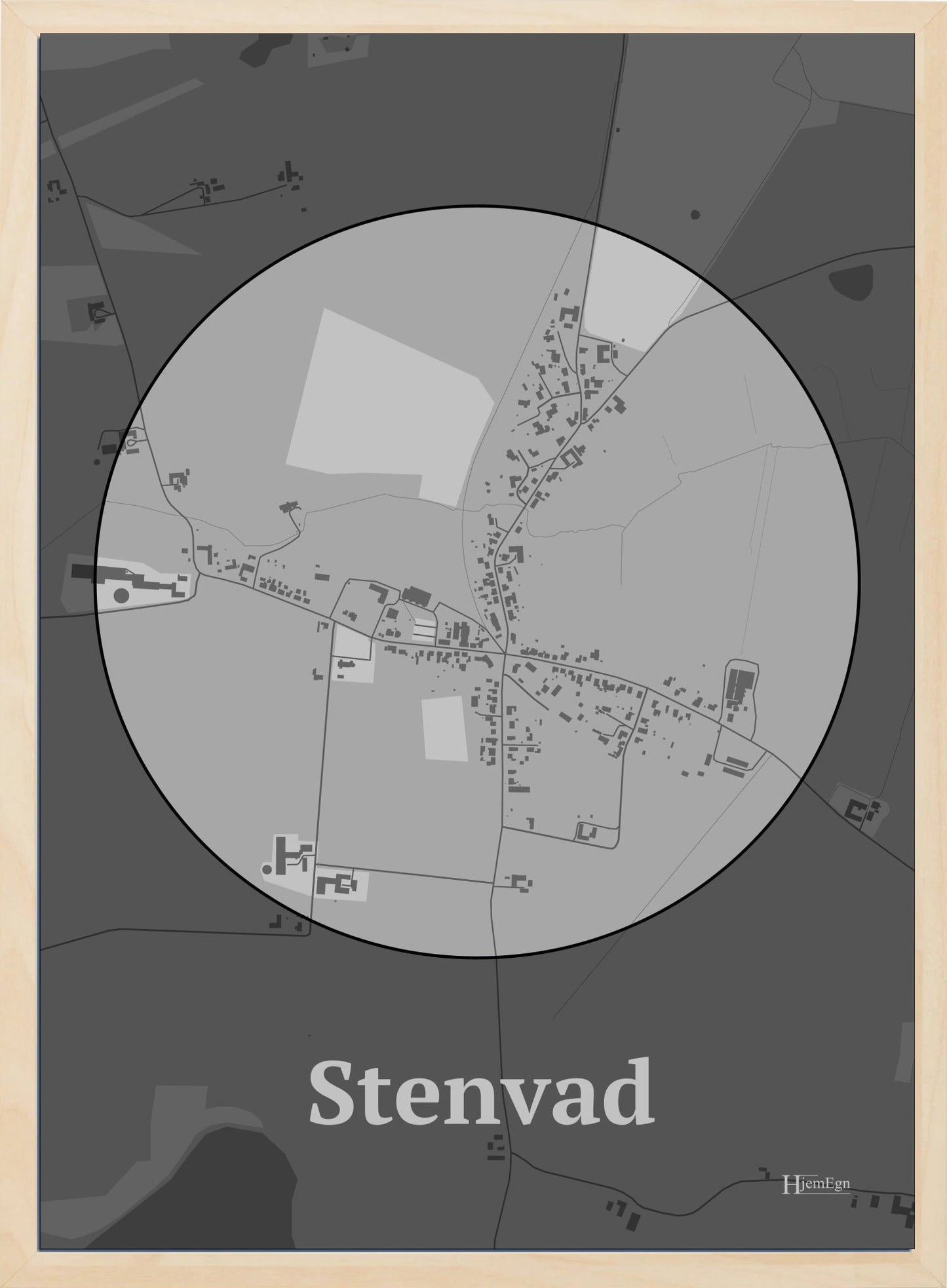 Stenvad plakat i farve pastel grå og HjemEgn.dk design centrum. Design bykort for Stenvad