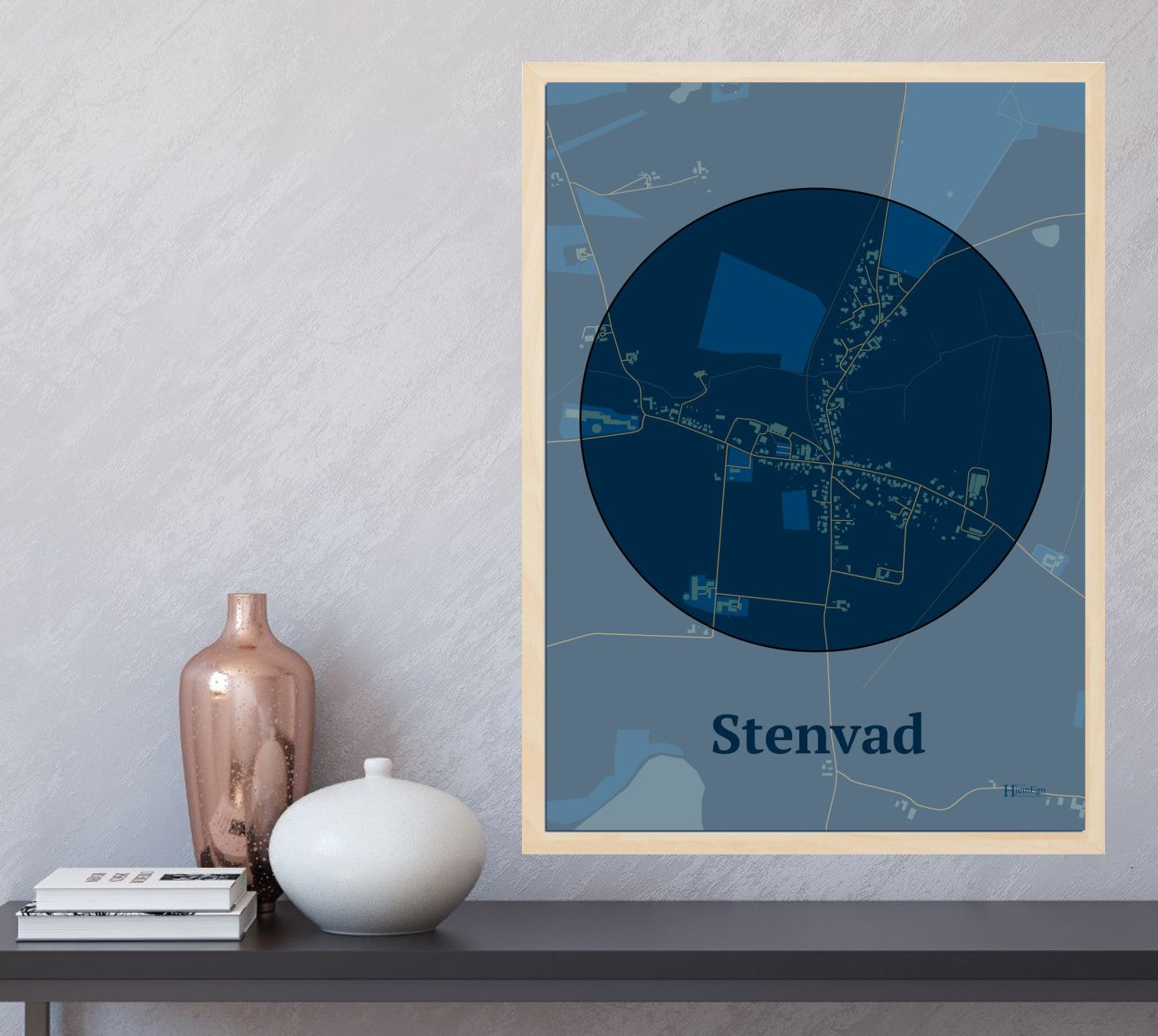 Stenvad plakat i farve og HjemEgn.dk design centrum. Design bykort for Stenvad