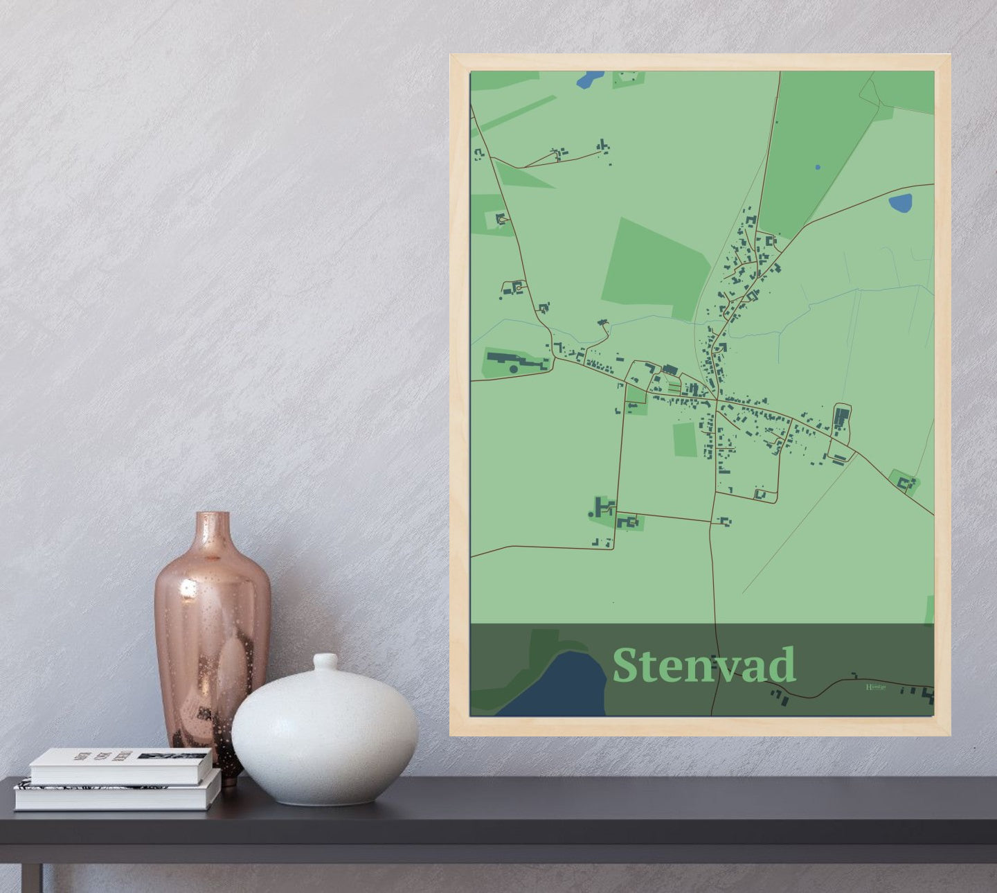 Stenvad plakat i farve og HjemEgn.dk design firkantet. Design bykort for Stenvad