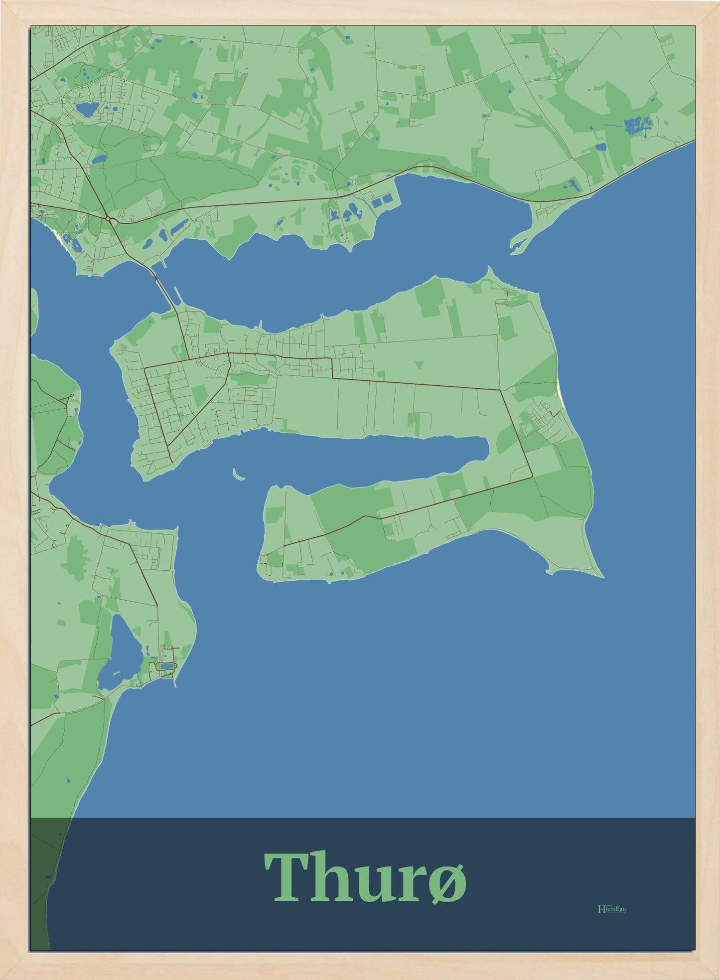 Thurø plakat i farve pastel grøn og HjemEgn.dk design firkantet. Design ø-kort for Thurø