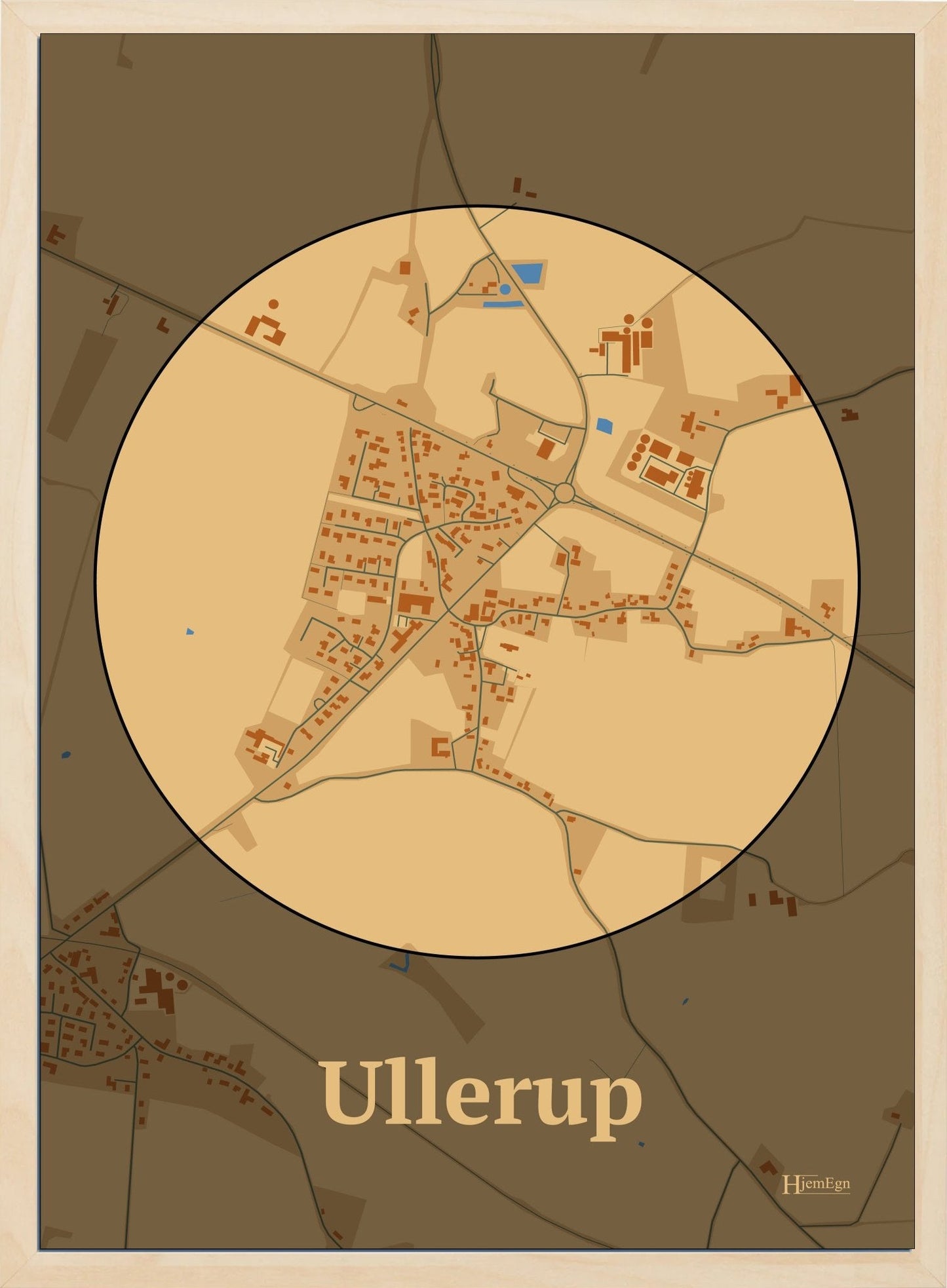 Ullerup plakat i farve pastel brun og HjemEgn.dk design centrum. Design bykort for Ullerup