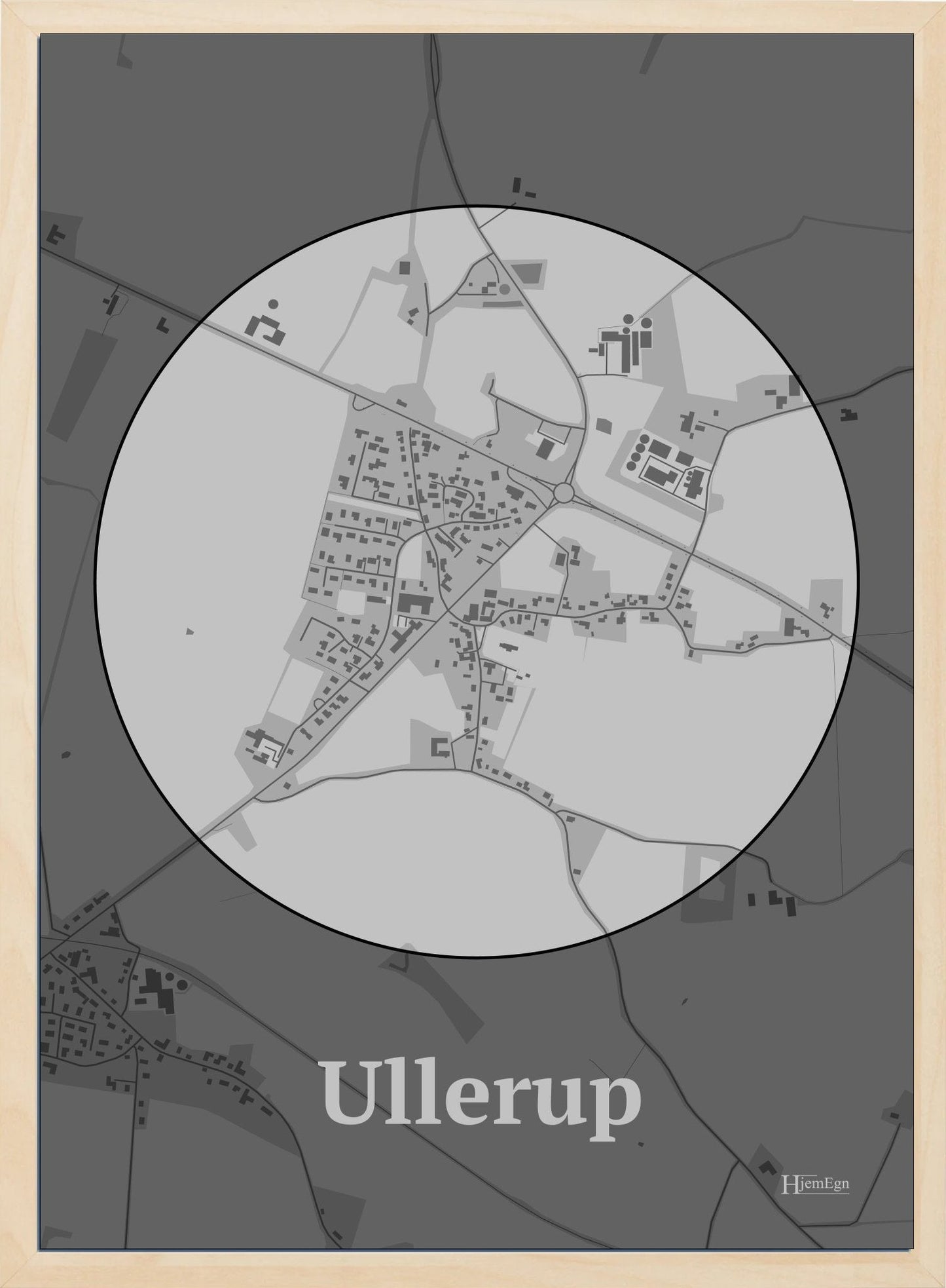 Ullerup plakat i farve pastel grå og HjemEgn.dk design centrum. Design bykort for Ullerup
