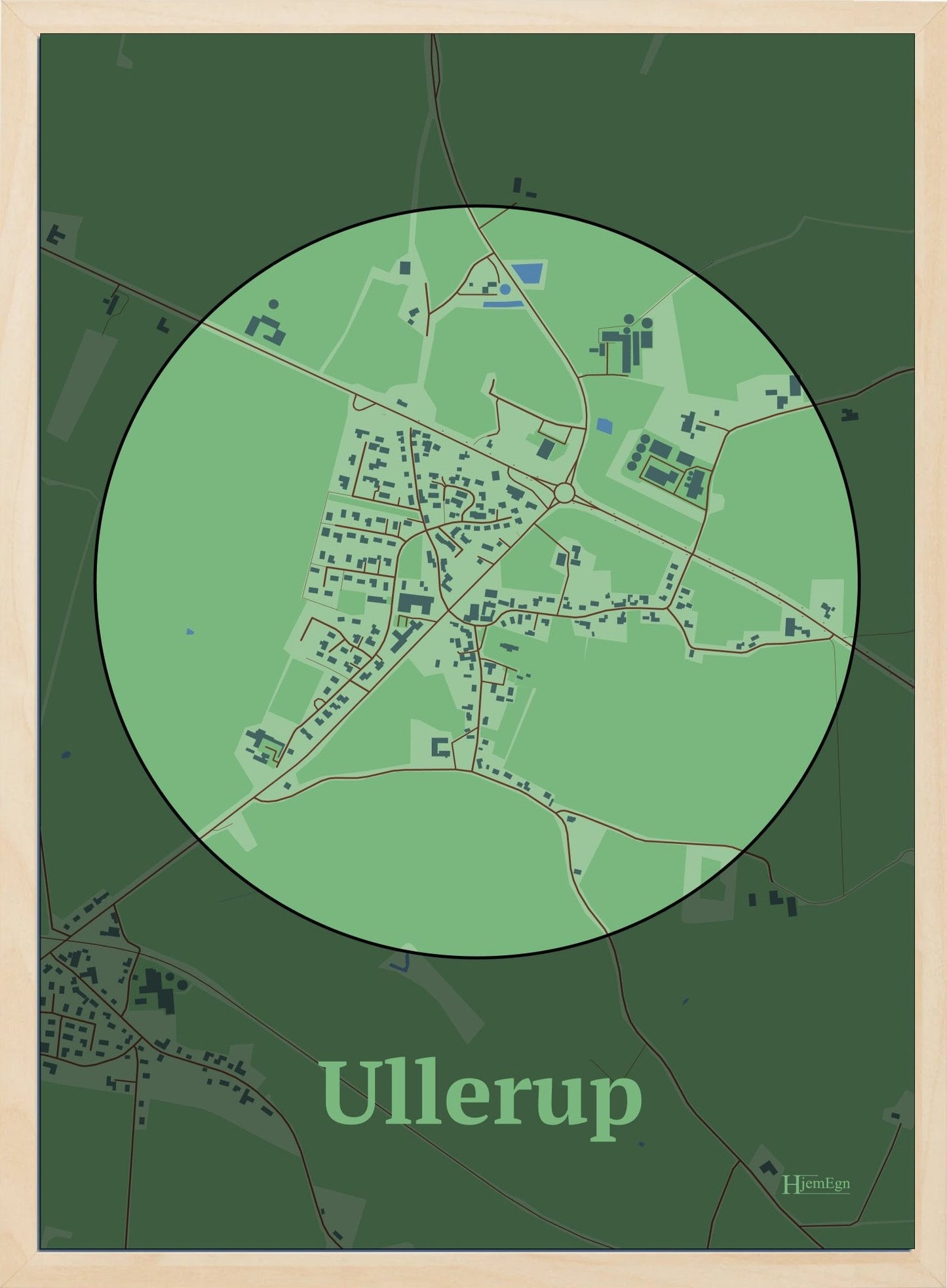 Ullerup plakat i farve pastel grøn og HjemEgn.dk design centrum. Design bykort for Ullerup