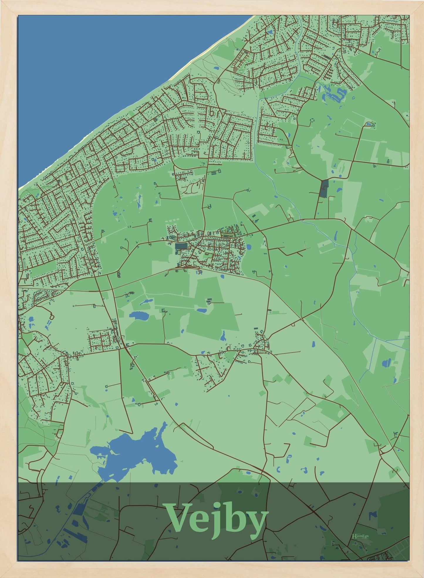 Vejby plakat i farve pastel grøn og HjemEgn.dk design firkantet. Design bykort for Vejby