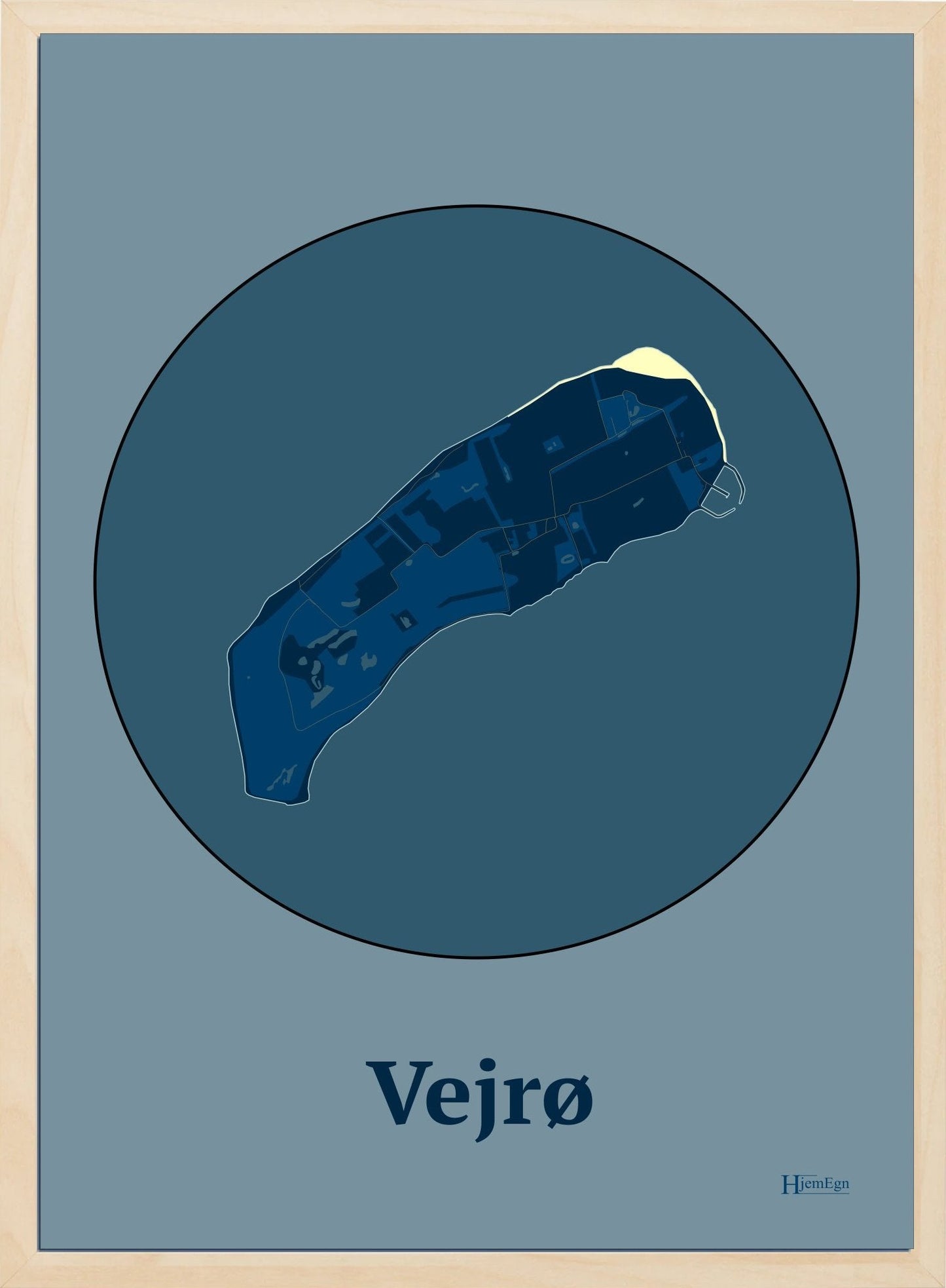 Vejrø plakat i farve mørk blå og HjemEgn.dk design centrum. Design ø-kort for Vejrø