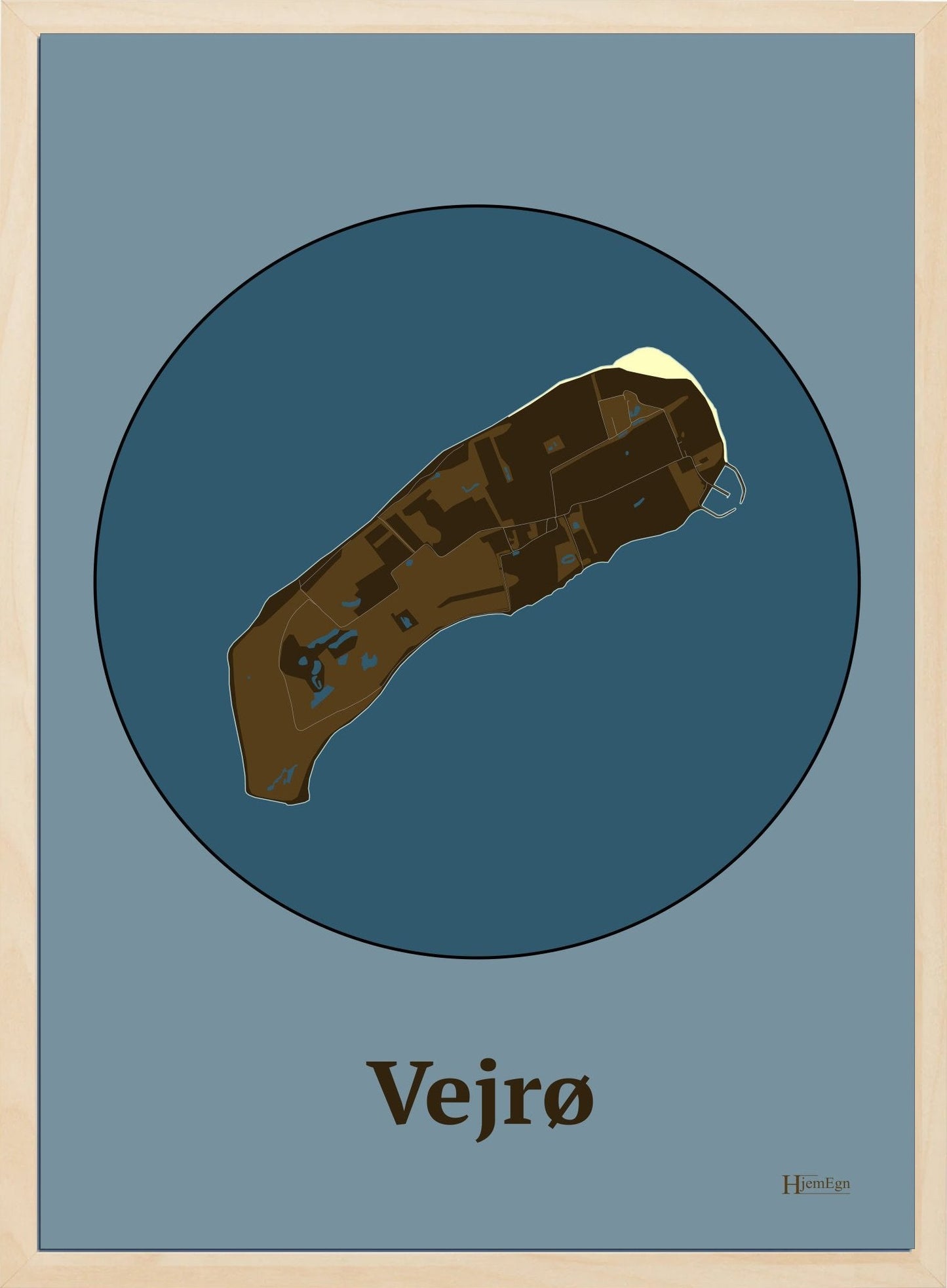 Vejrø plakat i farve mørk brun og HjemEgn.dk design centrum. Design ø-kort for Vejrø