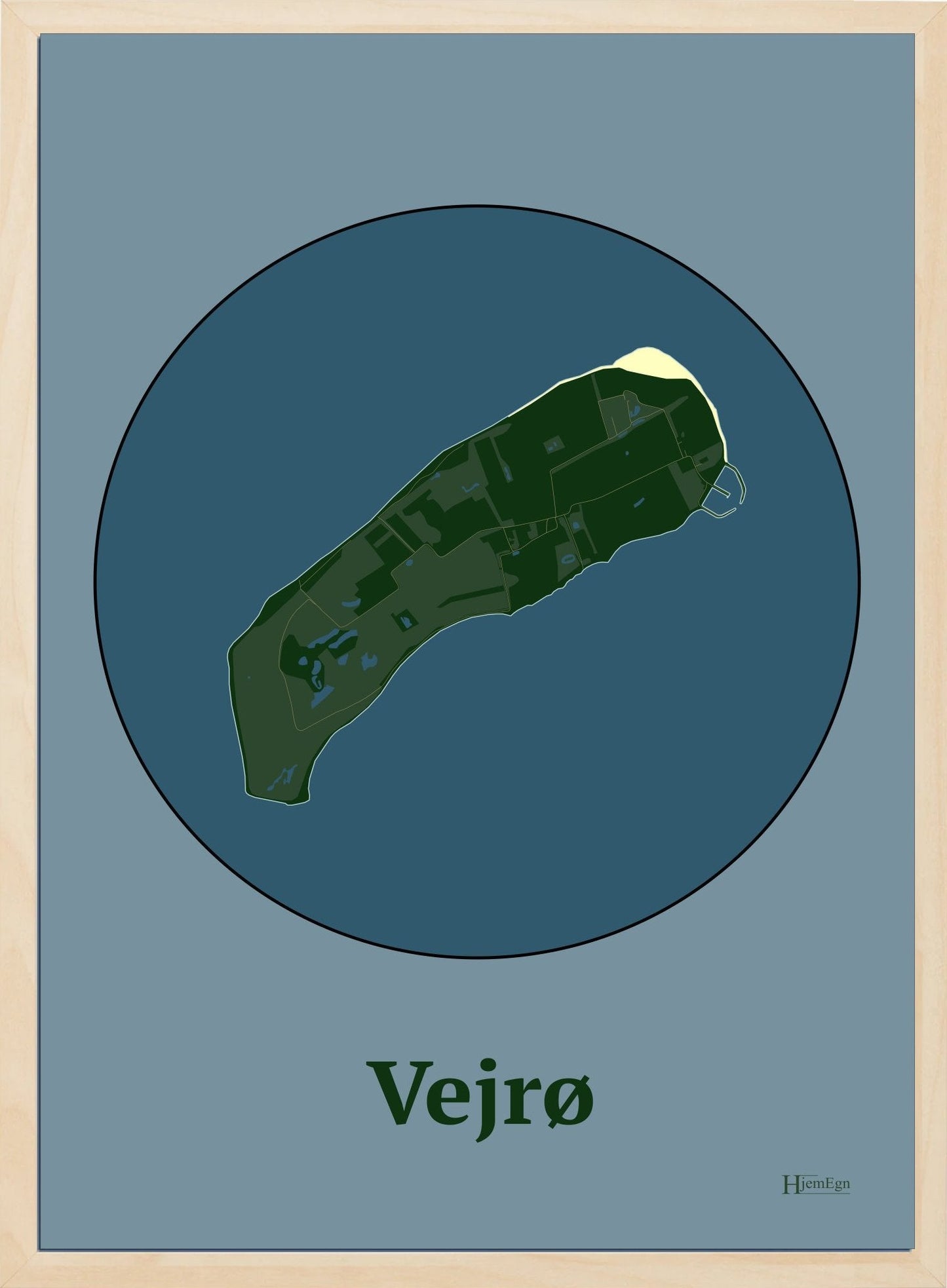 Vejrø plakat i farve mørk grøn og HjemEgn.dk design centrum. Design ø-kort for Vejrø