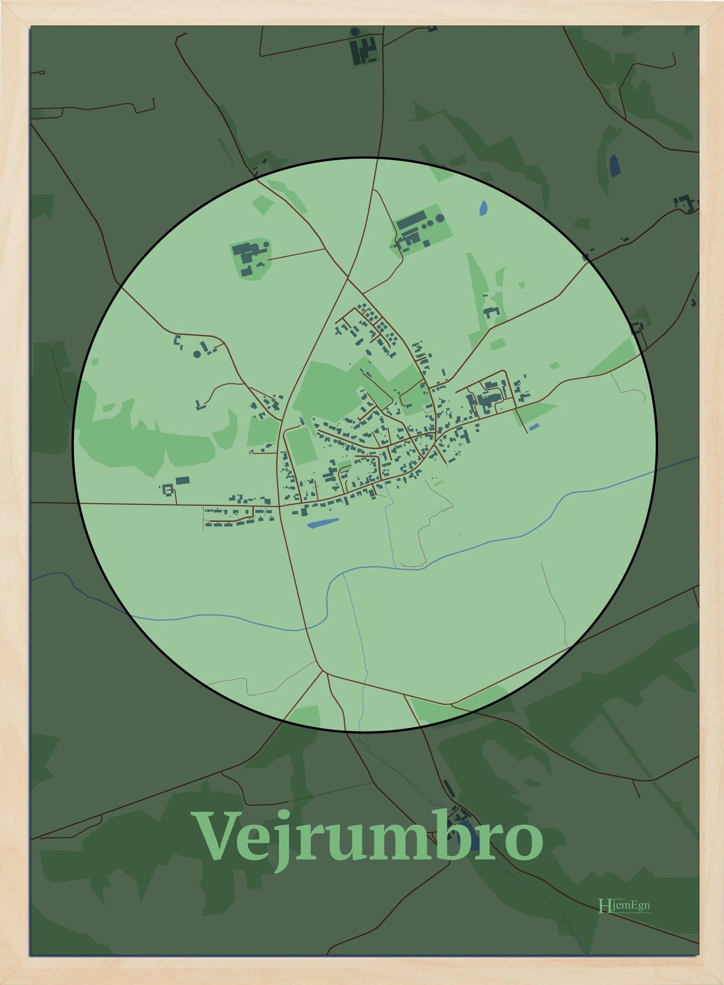 Vejrumbro plakat i farve pastel grøn og HjemEgn.dk design centrum. Design bykort for Vejrumbro