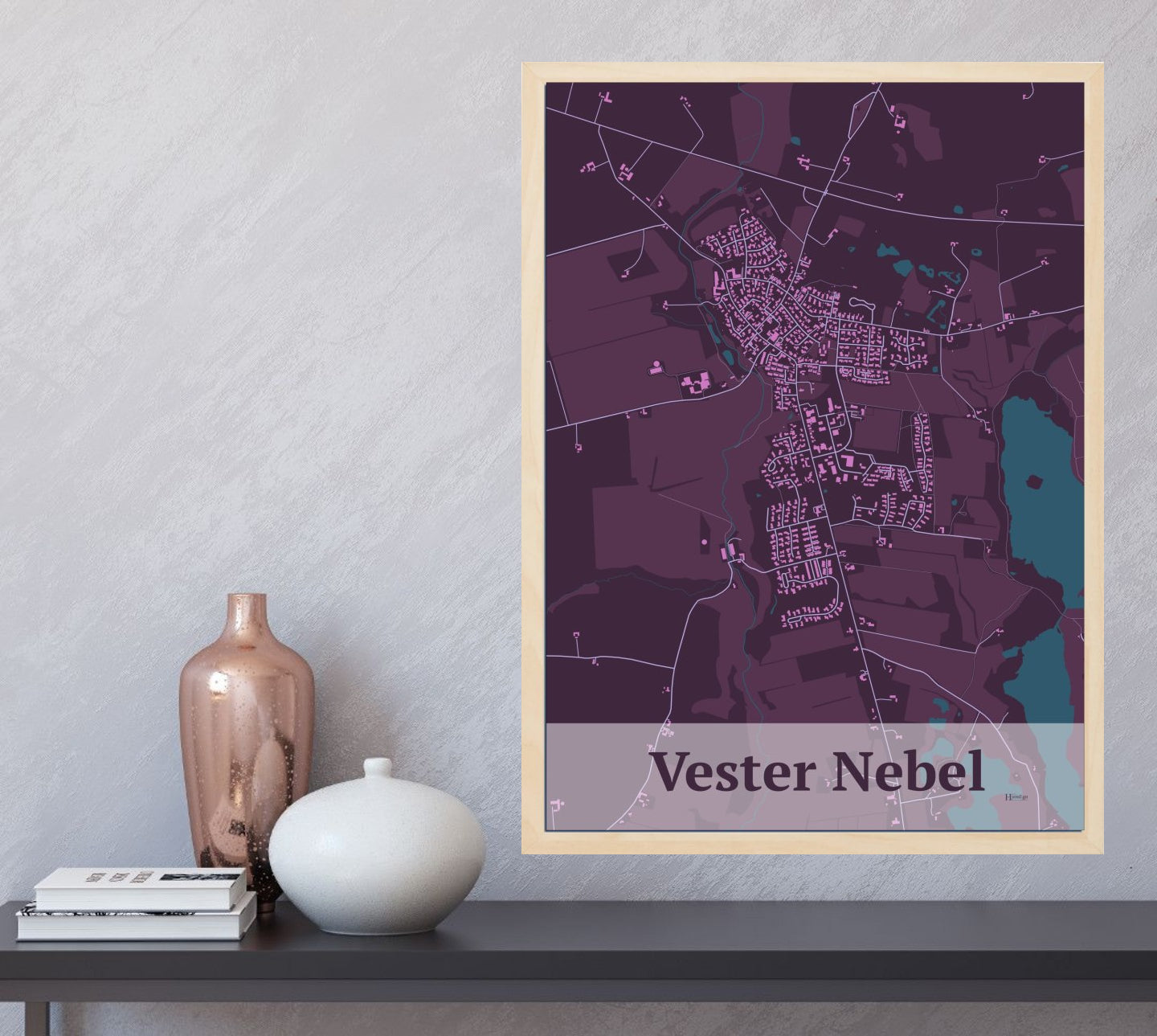 Vester Nebel plakat i farve og HjemEgn.dk design firkantet. Design bykort for Vester Nebel