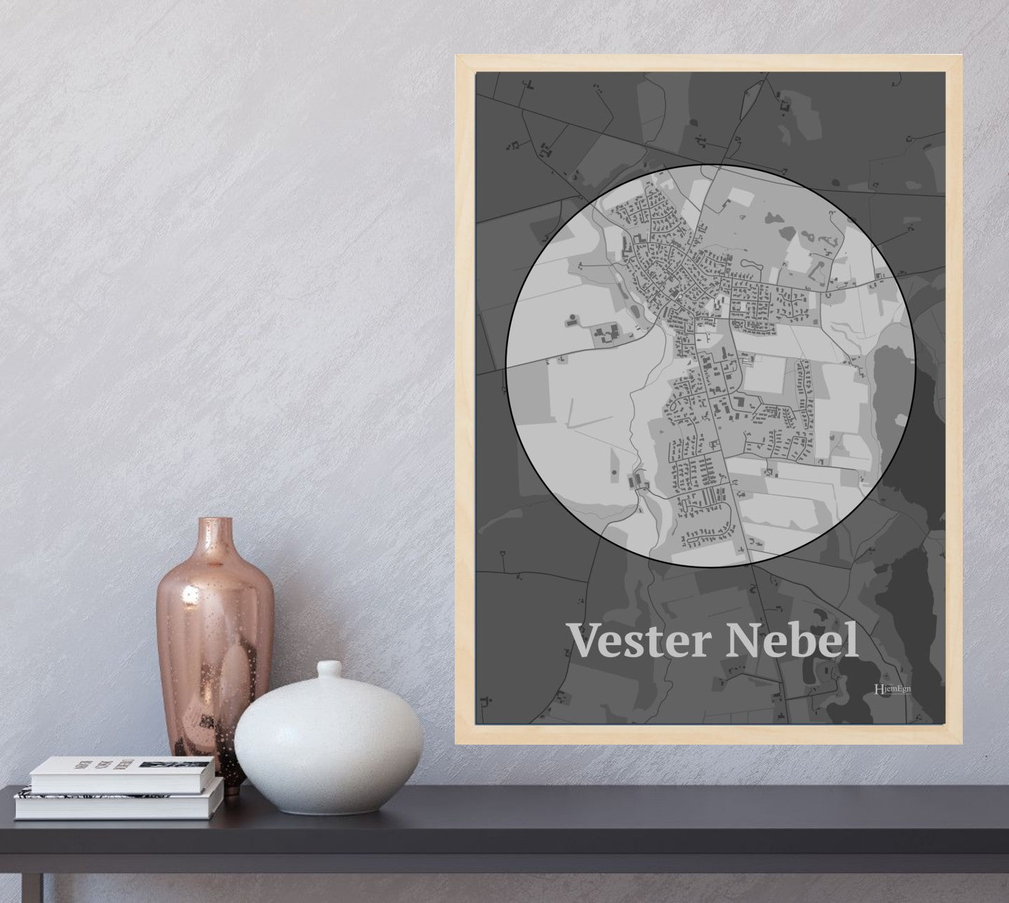 Vester Nebel plakat i farve og HjemEgn.dk design centrum. Design bykort for Vester Nebel