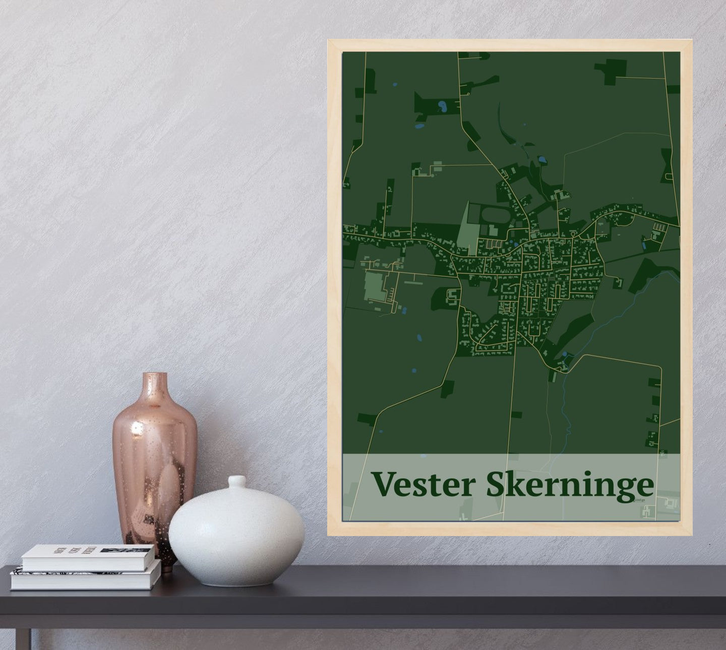 Vester Skerninge plakat i farve og HjemEgn.dk design firkantet. Design bykort for Vester Skerninge