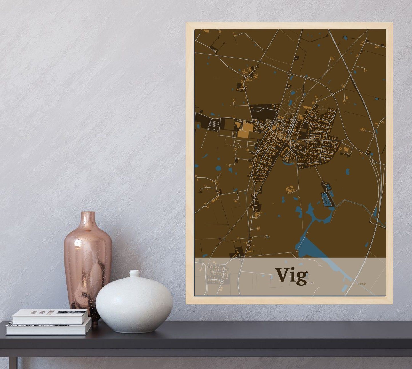 Vig plakat i farve og HjemEgn.dk design firkantet. Design bykort for Vig